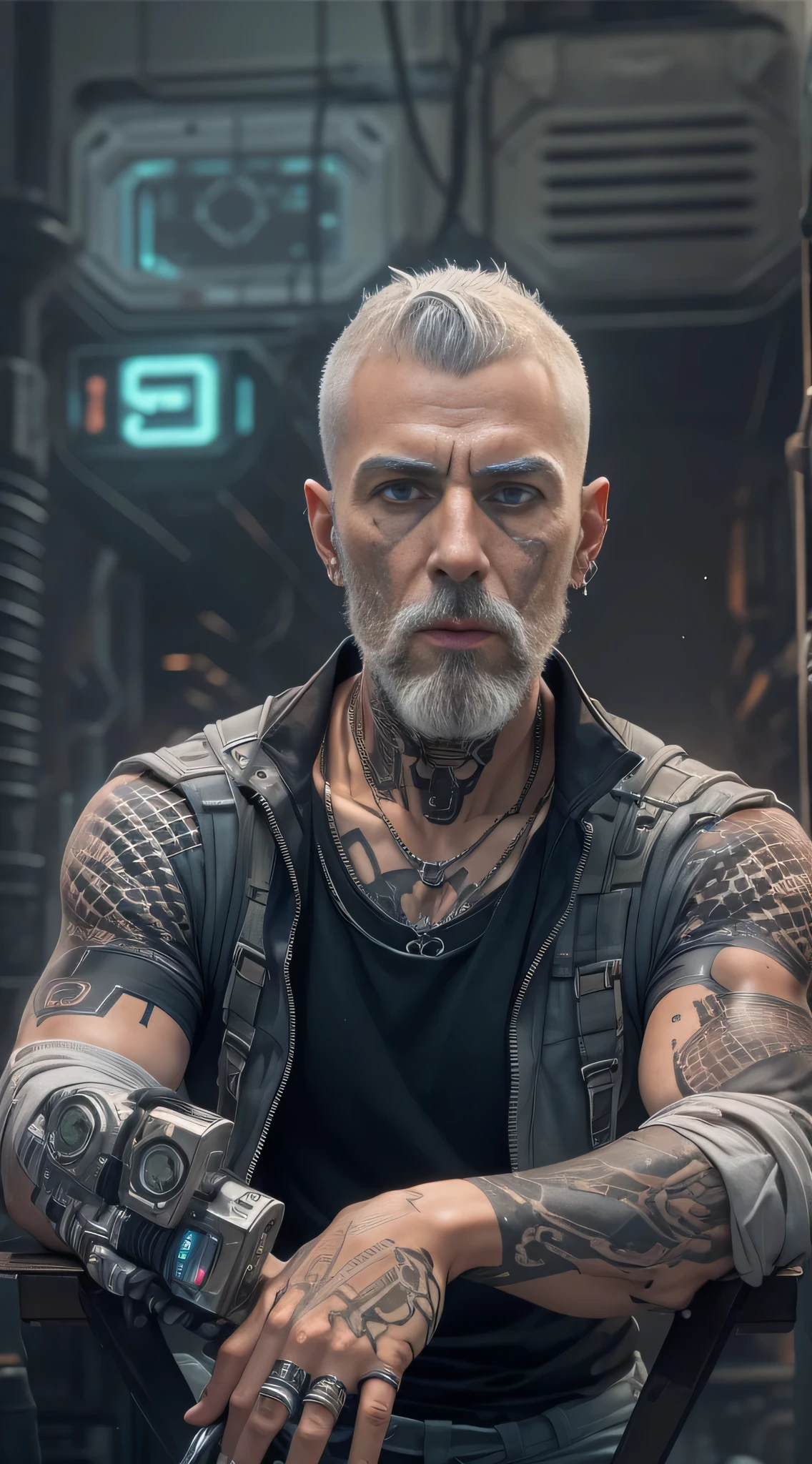 thin man, serious face, male,gray hair, barba curta, with cybernetic arm, robotic arm, with robotic prosthesis,implants on face,wearing comfortable clothes, jeans cinza, camisa regata cinza, t-shirt, shirt, tattoo on upper arm,with all hair shaved, very short hair, full body, cyberpunk, dark cyberpunk, futuristic.