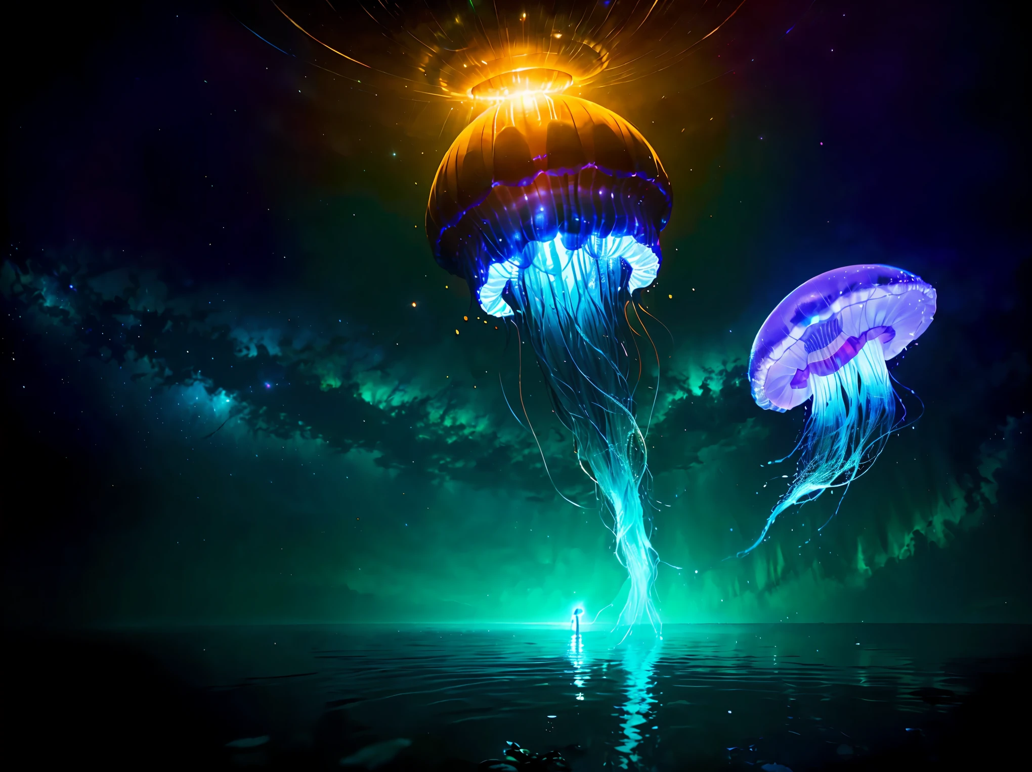 (8k, RAW photo, 最high quality, masterpiece:1.2), High-definition RAW color photo, Professional photo shoot, cinematic light, Beautiful jellyfish, floating in the darkness, space jellyfish, Amazing grace, astral life form, 銀河をまとったspace jellyfish, mysterious and feminine, sexy movements, dazzling light of celestial bodies, High-energy body, surrounding light source，beautiful lighting，attributes of light，reflection and refraction，ray tracing，super fine，high quality, surreal, bright colors, ((f/1.2, Nikon, very detailed, photo shoot)),