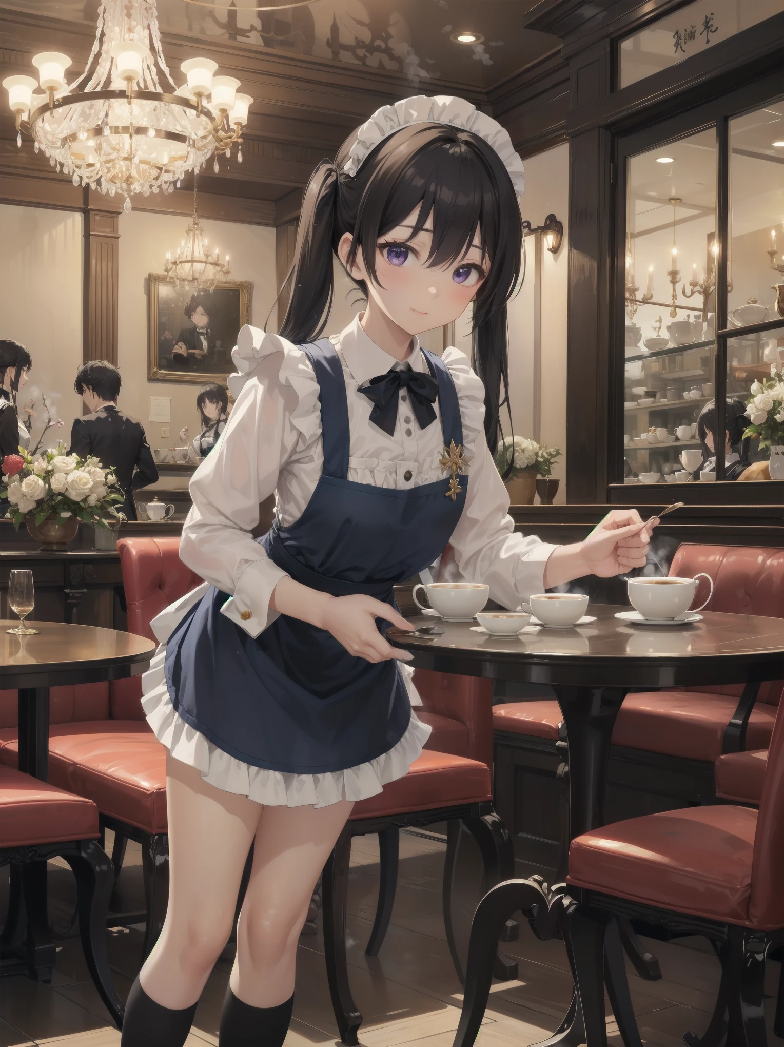 「In the middle of a bustling city、There is a quaint little café that looks like something out of a fairy tale。Its name is also「Maiden Enchantment」。It is famous for its unique theme of maid cafes..。Chandeliers suspended from the ceiling、Luxurious velvet chair、Wall decorated with intricate wallpaper, etc.、Victorian elegance blends modern chic。 In the middle of this enchanting environment is、It's Yuki, The protagonist.。『Maiden Enchantment』Although it is a maid of、More than just a maid。Jet-black hair tied into twin tails、Snow white apron over a navy blue dress、knee high socks、And she in polished black shoes、Embodies the perfect blend of elegance and charm。Her deep purple eyes are、Always shines with mischievous spirit and curiosity。 Yuki is not known only for her impeccable appearance。She is the heart and soul of the café。With a melodious voice like a nightingale、She often serenades classic ballads and modern hits to clientake your customer experience truly magical。She also、All your favorite dishes and、There is also a talent for learning coffee and tea preferences.。 however、What really sets Yuki apart is、It is her uncanny ability to know what someone needs。Be a kind word、attention、Or even fully brewed tea.、She always knows how to make someone's day better。 The sun goes down、When the fairy light in the café begins to shine、You can see Yuki writing her thoughts in her diary at her favorite place by the window。Some say that this is a collection of stories from her café, others、Some believe that it is a story of her own dreams and aspirations。 The overall image is、Everyday café life meets a bit of magic and wonder、It should capture the essence of Yuki's world。From the lace on Yuki's apron to the steam rising from her teacup、Carefully expressed every detail.、Beholder『Maiden Enchantment』It has become a masterpiece that will take you straight into the world。」、 Beautiful bare pubic hair ,more_Details:1.3, more_Details:1.8、(a blond:1.5)、Red Eyes、(((The left pupil is star-shap