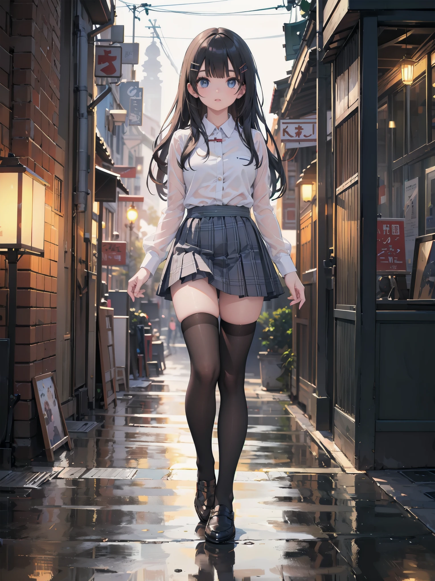(8k, RAW photo, best quality, masterpiece:1.2), (realistic, photo-realistic:1.37), best quality, ultra high res, photon mapping, radiosity, physically-based rendering,bblurry, blurry_foreground, depth_of_field, blurry_background, photo_\(medium\), motion_blur,1girl, (full body),long legs,thin legs,Long hair, bangs,(see through bangs), hair_ornament, lips, hairclip, solo, blue_eyes, nosesoft,china,White shirt,Gray Plaid Pleated Skirt,opaque clothing,overlooking,black loafers,thigh highs,black cotton socks,