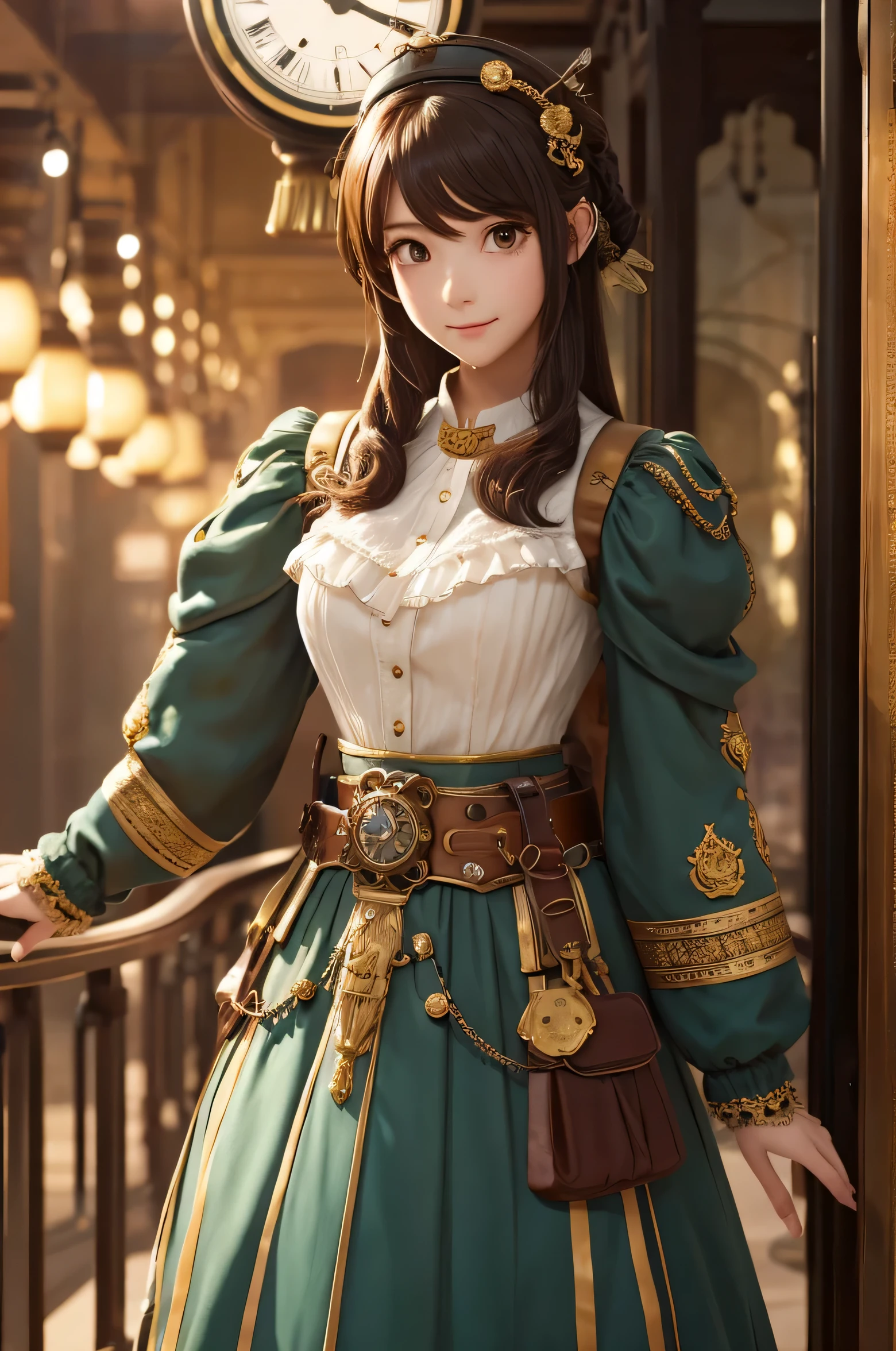 ((highest quality)), ((masterpiece)), (be familiar with:1.4), 1 girl, alone, 非常にbe familiar withな CG Unity 8K 壁紙, shape, lens 135mm, masterpiece, highest quality, young girl, seaside, concept art , beautiful anime scene, beautiful anime scenery, highest quality, masterpiece,steampunk,steampunk costumes,belt,belt,gold decoration,Clock motifs