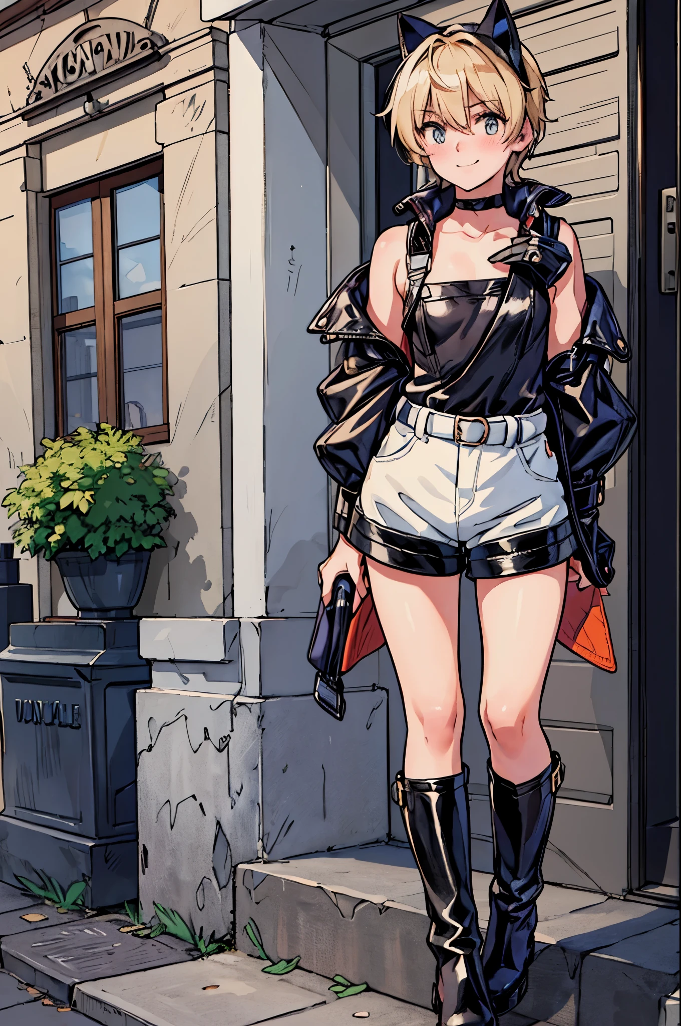best quality,ultra-detailed,((background:outside the street1,8)),((full body shot1,8)),((one boy1,8)),((femboy)),((fem boy)),((trap)),((bulge)),black-choker,((blonde short hair)),((man’s face)),((dress up as a woman)),((angry)),((smile)),((blush)),((flustred)),((poor chest)),((flat chest)),(white blouse),(leather shorts),(black heel heel long boots),(shoulder bags),vibrant colors,soft lighting,