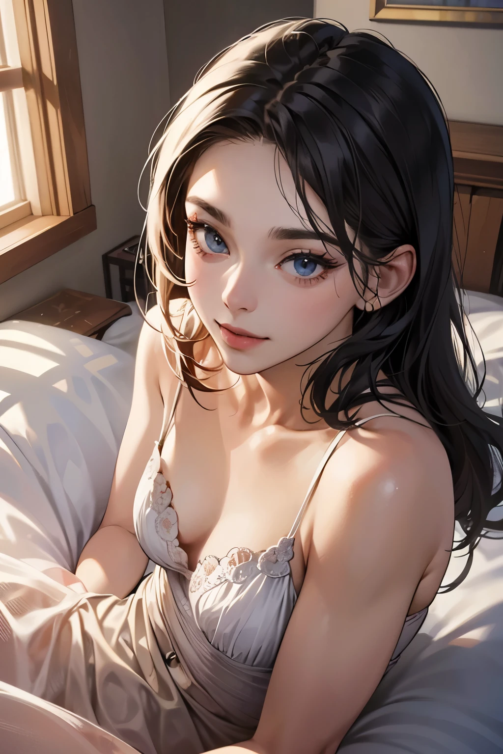 (table top, digital art, digital illustration, 4k, 8k, Super detailed, beautiful images, clear image, realistic, RAW photo, perfect face, perfect lines, perfect eyes, soft lighting) ,1 female, (long black hair,straight hair,bullish look,Beautiful woman,grace,Make up well,19 year old woman,small breasts:1.3),Two handsome men in suits, (human,muscular,solid shoulder width, human,boyish hairstyle,English gentleman'Style,A man in his 30s with a cool expression,28-year-old man with bright 笑顔:1.2),Smile showing your white teeth(embarrassing,shy smile:1.1),light-filled bedroom、on the bed、negligee、couple、coupleキス、romance porn、lie down、lure