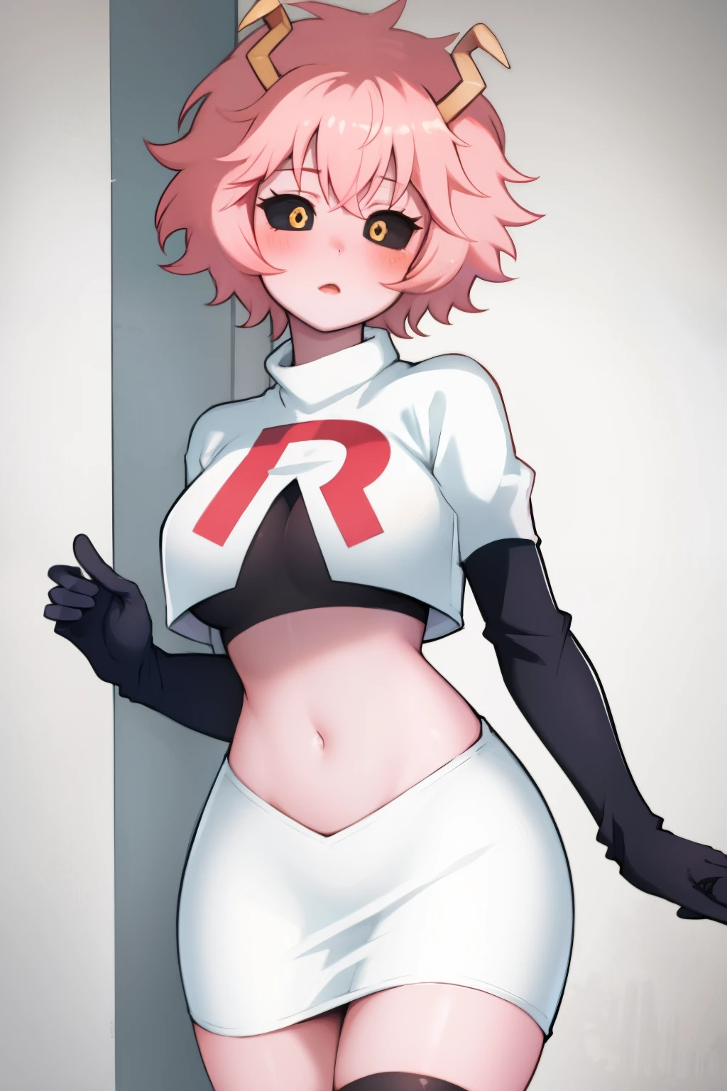lumen reflections, natural lighting, evocative, triadic color scheme, cowboy shot, elegant, voluptuous:0.6, looking at viewer, 1girl, female, solo, blush, sfw, mina ashido, team rocket uniform, red letter R, white skirt,white crop top,black thigh-highs, black elbow gloves