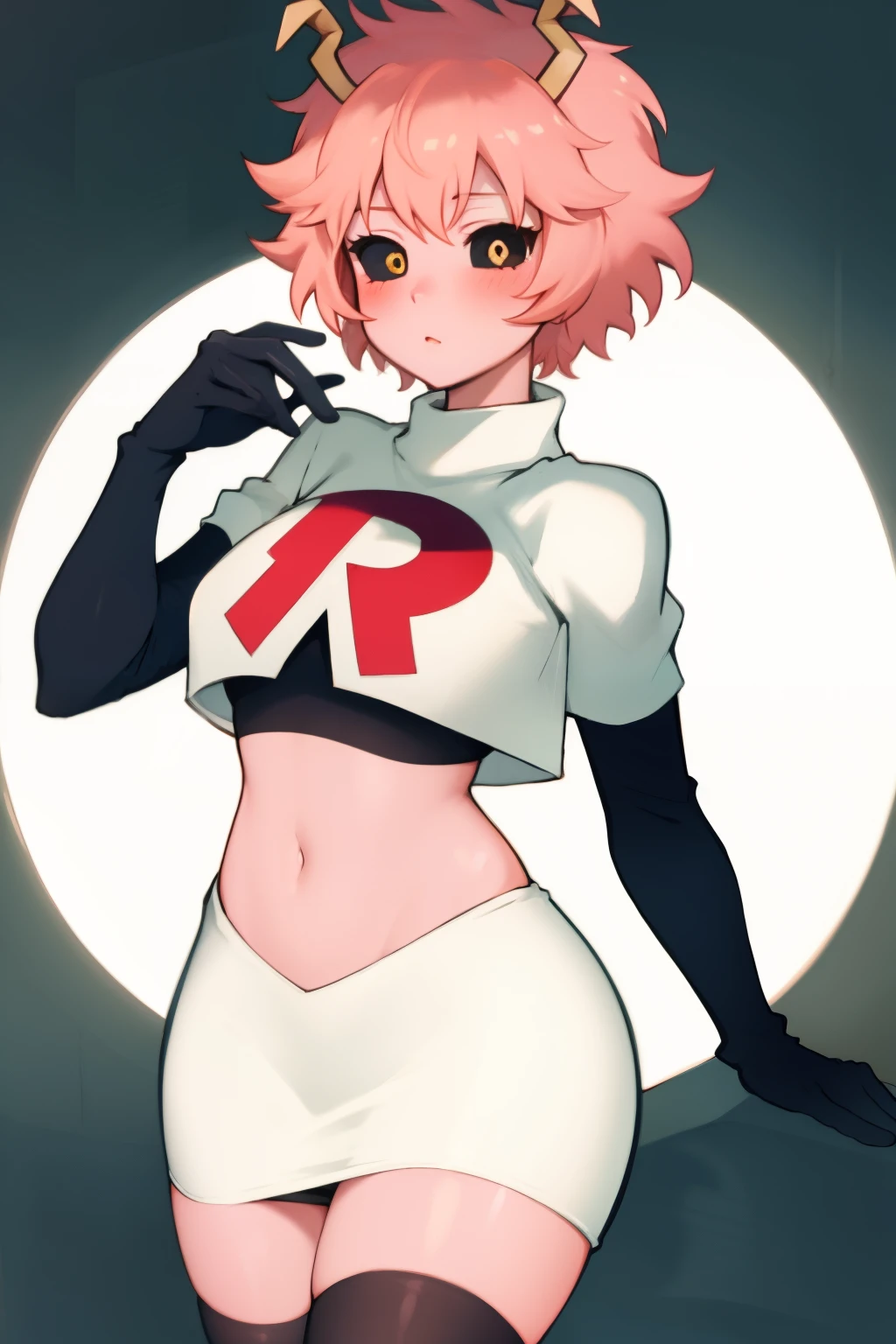 lumen reflections, natural lighting, evocative, triadic color scheme, cowboy shot, elegant, voluptuous:0.6, looking at viewer, 1girl, female, solo, blush, sfw, mina ashido, team rocket uniform, red letter R, white skirt,white crop top,black thigh-highs, black elbow gloves