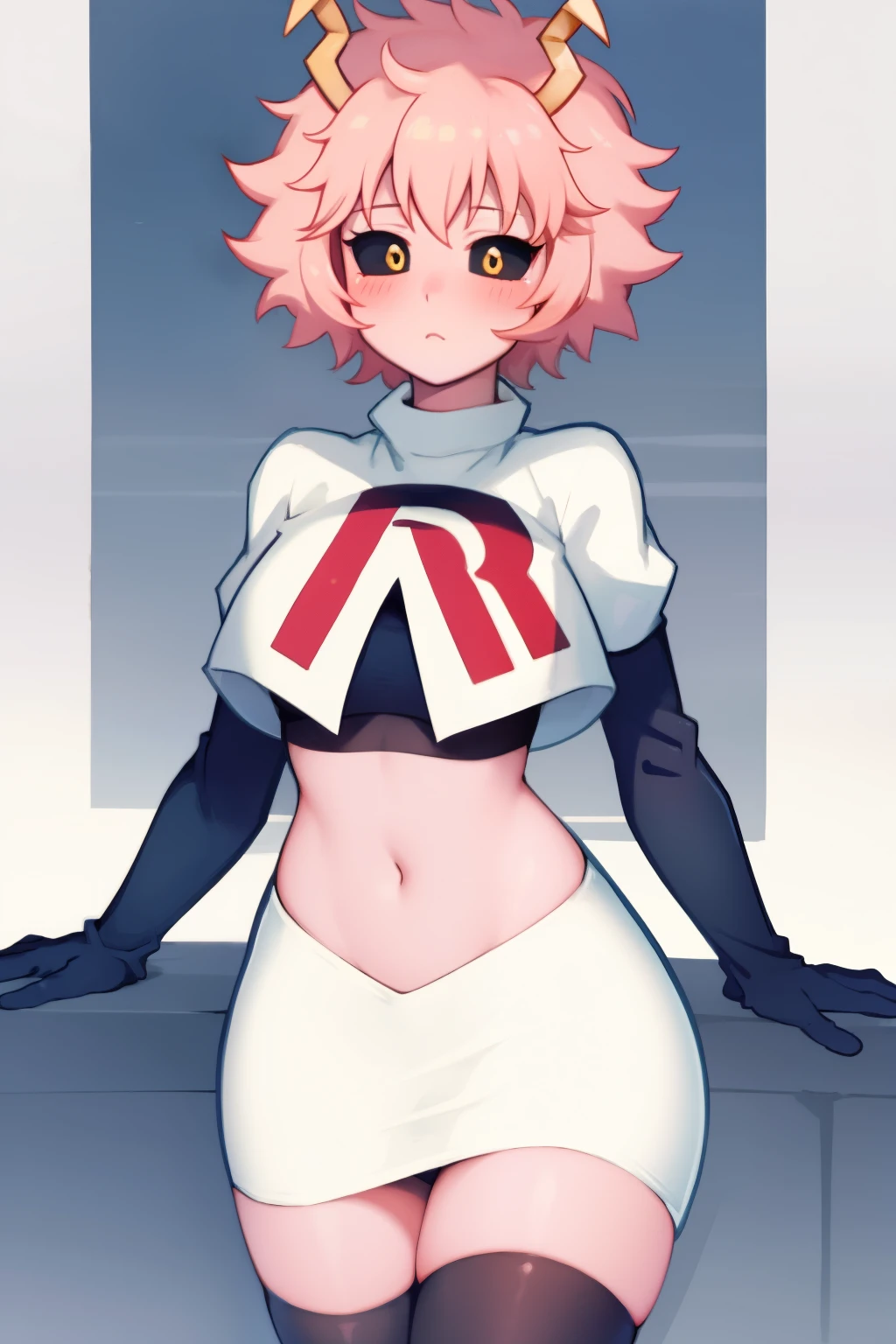 lumen reflections, natural lighting, evocative, triadic color scheme, cowboy shot, elegant, voluptuous:0.6, looking at viewer, 1girl, female, solo, blush, sfw, mina ashido, team rocket uniform, red letter R, white skirt,white crop top,black thigh-highs, black elbow gloves