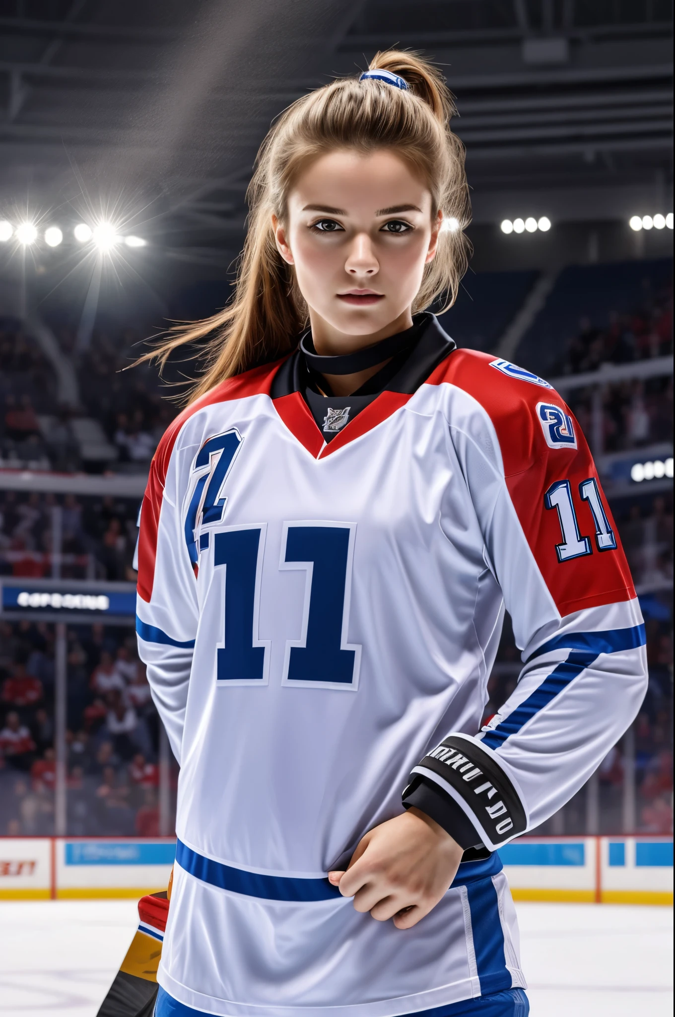 masterpiece, best quality, extremely detailed, hyperrealistic, photorealistic, a pretty woman, ice hockey player:1.1, ice hockey venue, dynamic pose, ultra detailed face:1.1