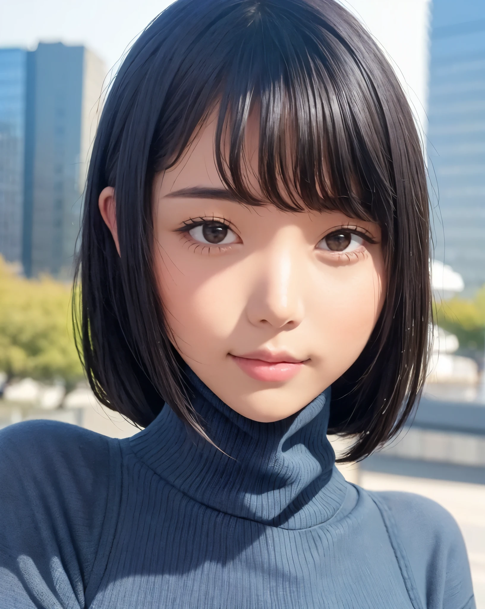 Pure love face_v1:0.24, best quality, lifelike, 8k, high resolution, 1 girl, Miss, (Dentate skin), (portrait:0.6), ((cityscape background:1.62)), full color, ((Small round breasts, turtleneck sweater:1.5)), looking directly at the viewer:1.8, (1 girl eyes looking at viewer:1.55), (long hair, black hair, pad bangs:1.45), (Bokeh),   