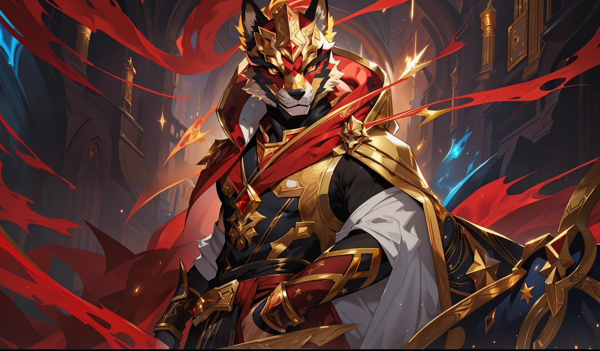 solo, male, humanoid, (detailed cloth, stars, body), (brown fur, majestic print), (black body), white mask, (gold decals), glowing eyes, fox mask, detailed mask, detailed face, detailed eyes, gold accessories detailed body, robes, detailed face, detailed eyes, red collar, red slack pants, gold markings, sash, gold trimming, red undershirt, red shirt, full body, league of legends splash art, official splash art, riot games concept art, arcana skin, splash art, gold stars, gold decal,