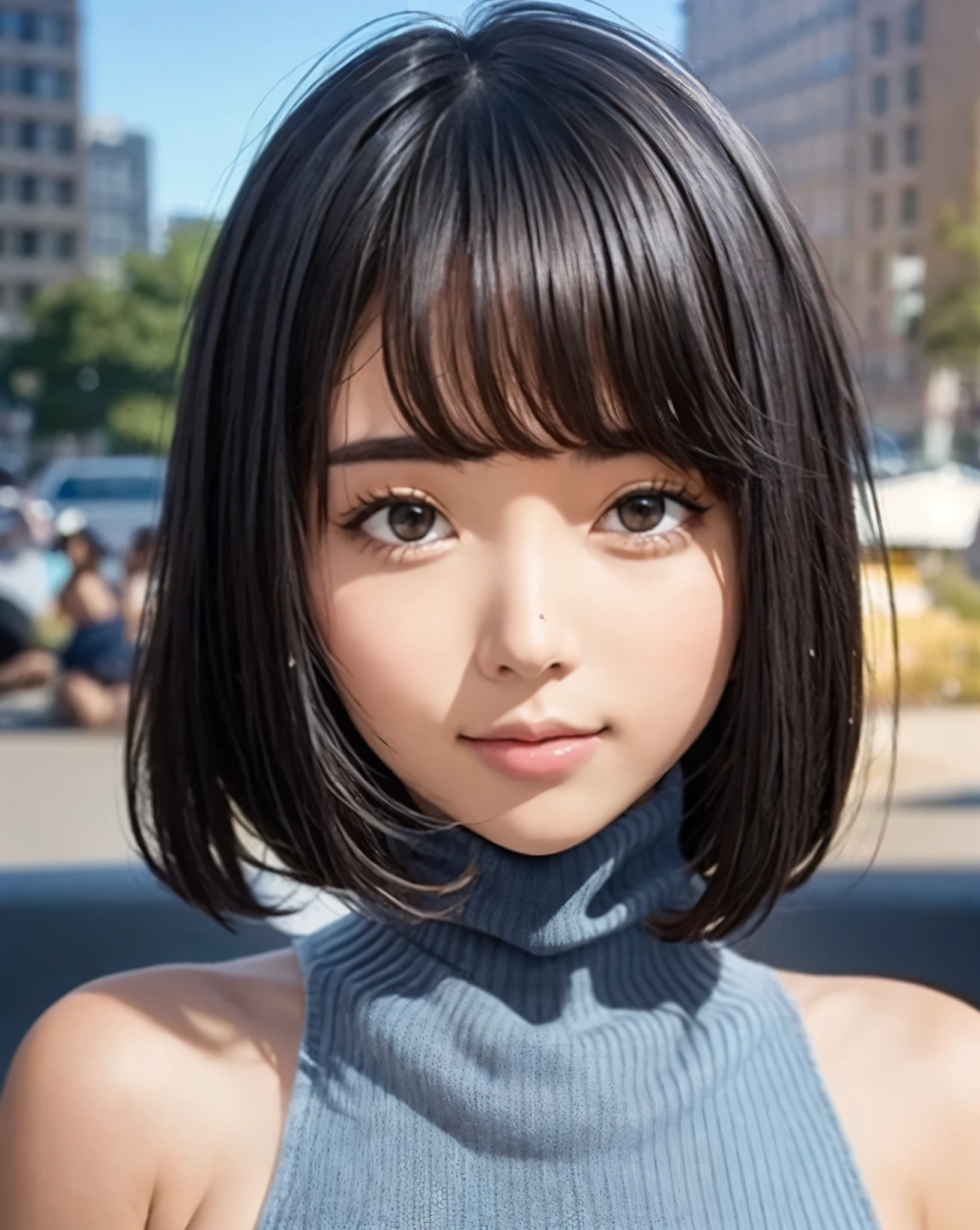 Pure love face_v1:0.24, best quality, lifelike, 8k, high resolution, 1 girl, Miss, (Dentate skin), (portrait:0.6), ((cityscape background:1.62)), full color, ((Small round breasts, turtleneck sweater:1.5)), looking directly at the viewer:1.8, (1 girl eyes looking at viewer:1.55), (long hair, black hair, pad bangs:1.45), (Bokeh),   