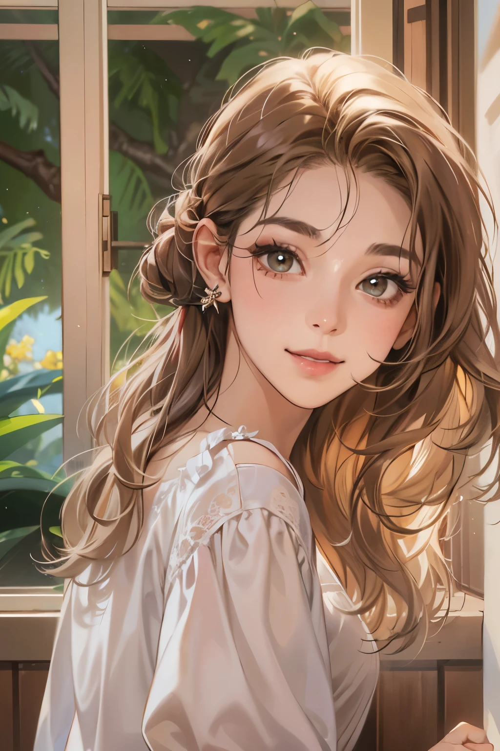 (table top, digital art, digital illustration, 4k, 8k, super detailed, beautiful images, clear image, realistic, RAW photo, perfect face, perfect lines, perfect eyes, soft lighting) 1 female, (light brown hair,chignon hair,innocent look,lowered eyebrows、droopy eyes,With a round face,round chin、innocence,cute,Big eyes,natural makeup,smile gently,E cup,23 years old:1.3),Setting image Fuka、portrait