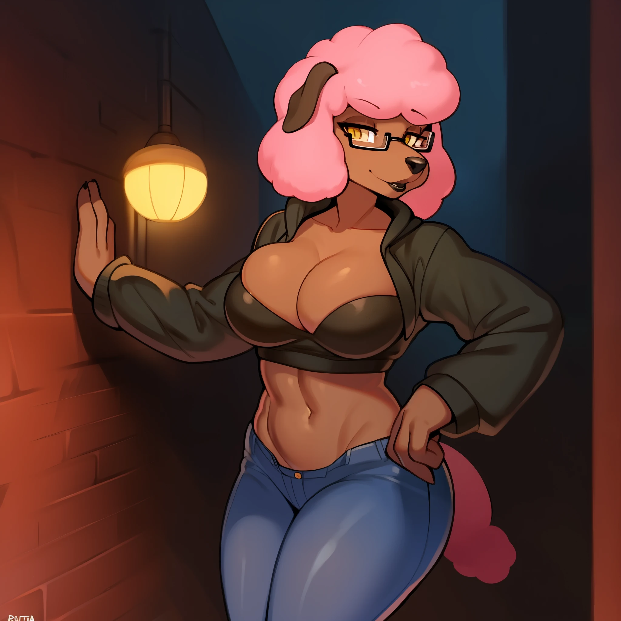 by buta99, by chelodoy, by spikedmauler, by cervina7, solo, Frenchie Poodle, female, lips, black lips, black nose, snout, glasses, detailed eyes, detailed hands, Dark brown fur, canine, brown poodle, pink hair, medium hair, yellow eyes, black hoodie, blue jeans, alleyway, cleavage