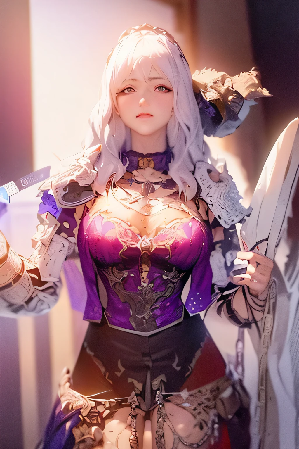 Please leave your clothes and belongings where they are., The face looks like this, More live-action, wearing dark purple armor, blur the background, fantasy costume, female character, Scandela Fantasy Armor, wearing fantasy armor, Lineage 2 Revolution Style