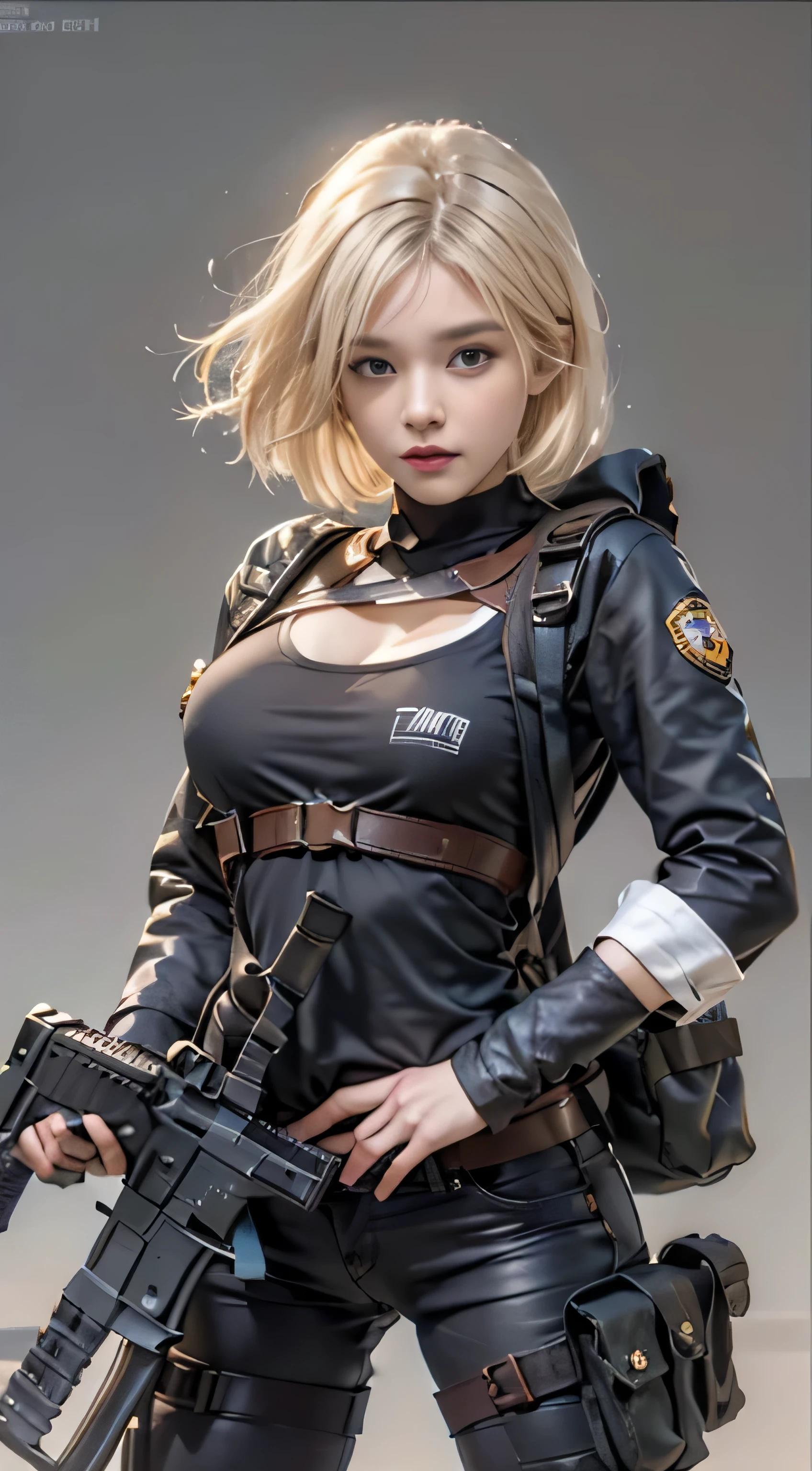 (Highest image quality, outstanding details, ultra-high resolution), 1 girl, suit((futuristic military outfit inspired by padded jumper and yoga pants, military harness, military gears such as pouches)), (glamour body, curvy body, buffed and muscular body, tight abs), background(in the military base), (random expression, dynamic pose), white hair, cowboy shot, low angle,
