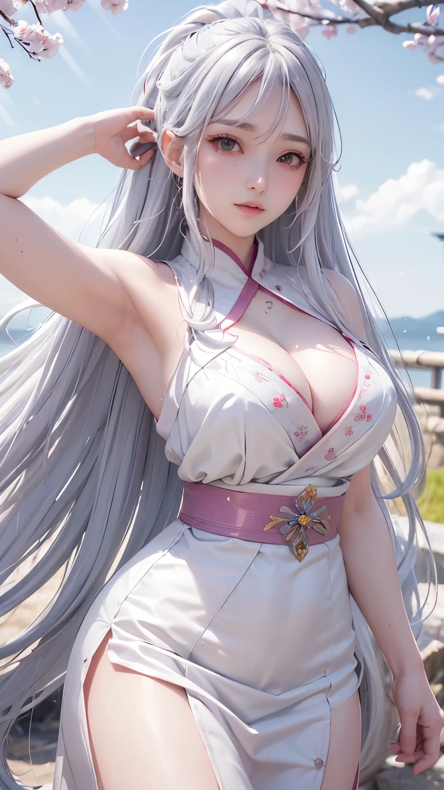 (logo、masterpiece、8k、table top、RAW photo、wonderful、最high quality、Photorealistic and hvery detailed CG integrated 8k wallpaper、high quality、very detailed、narrative poem、particle effects、dynamic effects、Depth of the bounds written、cinematic light、Lens flare、ray tracing)、fantasy、 (1 beautiful woman、white kimono、Japan Dresses、White cherry blossom embroidery pattern、silver haired、beautiful face、real face、beautiful detail eyes、beautiful skin)、Hair flutters in Wind、hair bounces、髪がWindで踊る、hair jump、night、Wind、Spectacular view、美しい自然のWind景、絶望的なWind景、ダークfantasy、tundra、dark sky、Cold atmosphere、pink cherry tree、petals dance、SakuraFubuki、Falling petals、Spectacular view、Wind、god々、tooth、god話、vast land