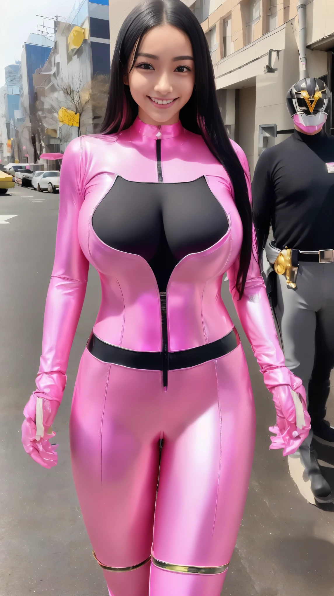 (8K、ultra high resolution、highest quality、masterpiece、realistic、ultra high resolution)、(((Must be female、Always shiny neon pink Power Rangerust have big breasts、Definitely quite big breasts、feminine body、tight buttocks)、Definitely a shiny neon pink patent leather full body suit、big emblem on the chest、Be sure to do a gravure pose in the city:1.5))(Very shiny suit、Must have long black straight hair、Always hold a full face in your hand、Definitely Sentai Hero、cute smile)