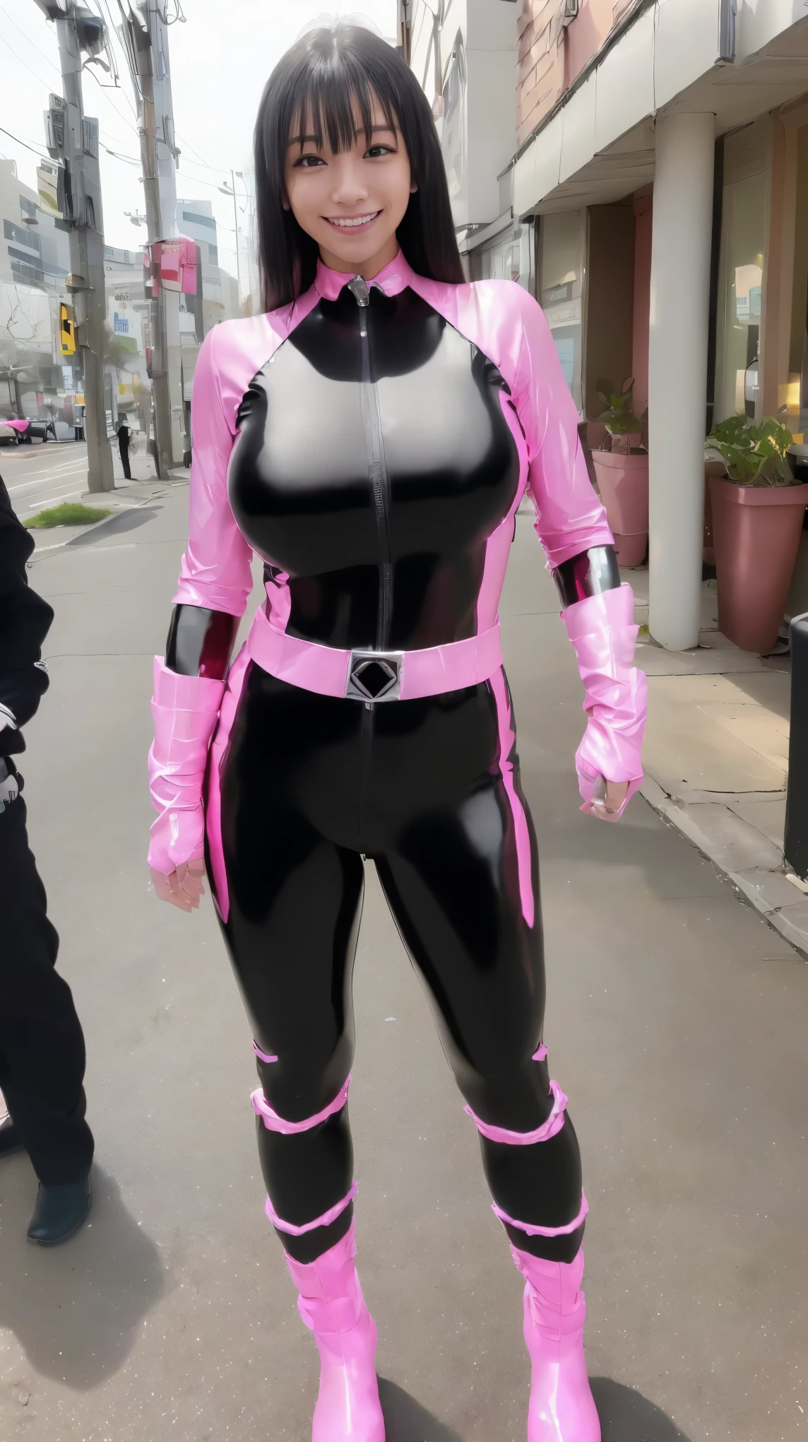 masterpiece, best quality, highres, hmochako, blush stickers, short hair, huge breasts, superhero, bodysuit, boots, ruins, building, fighting stance, clenched hands, wide hips, thick thighs ((curvy)), latex suit