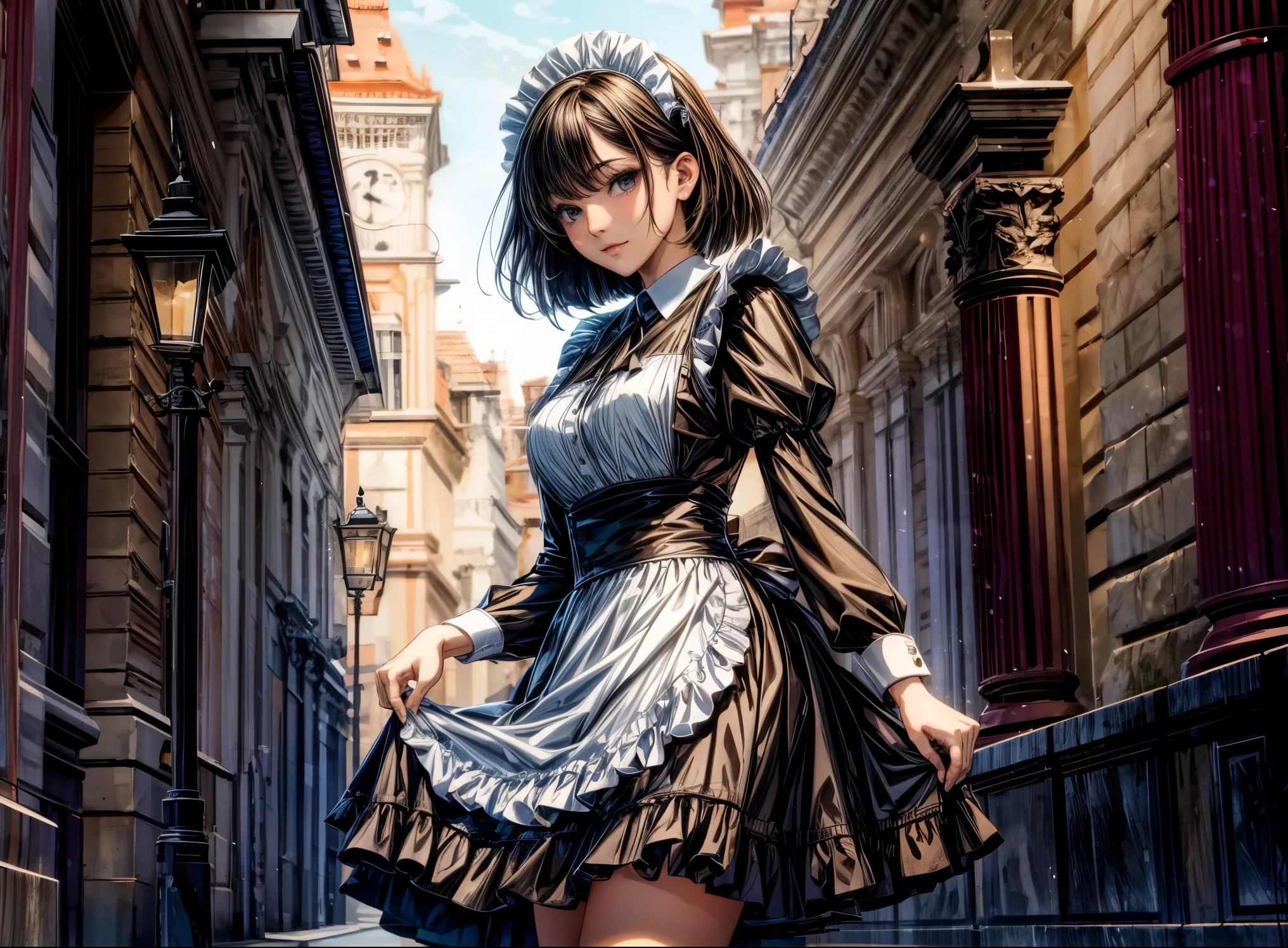 (best quality,4k,8k,highres,masterpiece:1.2),ultra-detailed,(realistic,photorealistic,photo-realistic:1.37),gothic 16-year-old girl,short dark hair ((bob)),dark brown eyeaid uniform)) emphasizing her slender and somber figure,((full body)), perfect ???????,dark ambiance,subtle lighting,rich shadows,vivid colors,ethereal atmosphere