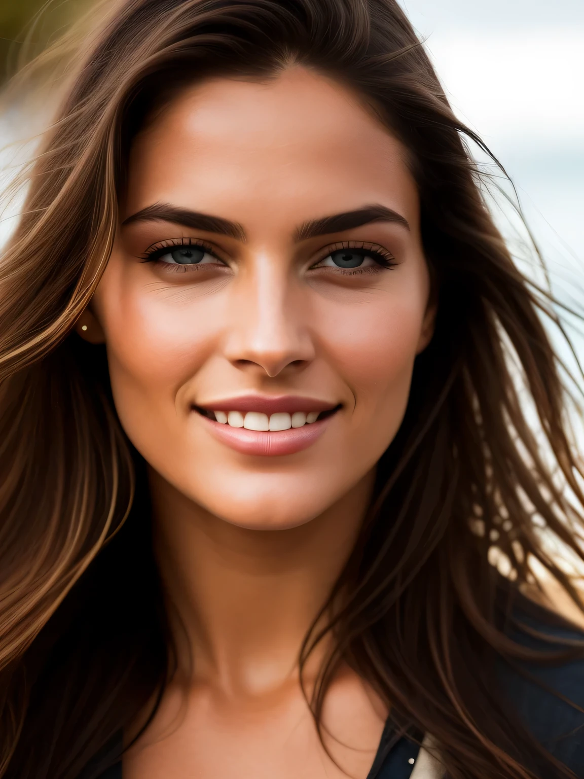 Cinematic soft lighting illuminates a stunningly detailed and ultra-realistic beautiful Brazilian supermodel, beach look, long messy windy brown hair, clear honey eye, captivating perfect smile, sensual, hot woman, gorgeous, that is trending on ArtStation. Octane is the perfect tool to capture the softest details of this 16k photography masterpiece.