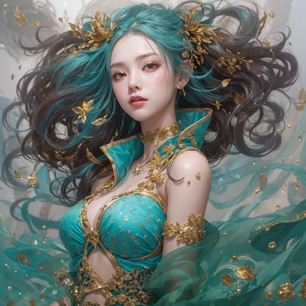 黄 blue colors,enamel,agate,A flesh-colored world,Blood Blue Maiden 32k(masterpiece,HD,Aoyama Pond,Ultra high quality,32k)long flowing bright blue hair,blood pool,Ziddink, a color,Grumpy (After greeting), (Linen scarf), fighting stance, looking at the ground, long white hair, Floating bright blue, Fire cloud gold headdress, Chinese long-sleeved gold silk burgundy garment, (Abstract metaverse splash:1.2), White background,Peony flower vitality protector(realistically:1.4),bright purple hair,Smoke on the road,The background is very pure, high resolution, detail, RAW photos, Sharp Re, Nikon D850 film photo by Jefferies Lee 4 Kodak Portra 400 camera F1.6 guns, colorful, Ultra-realistic and vivid textures, dramatic lighting, Unreal Engine Art Station Trend, Sinest 800,一个有着long flowing bright blue hair的女孩,huge colorful bubbles