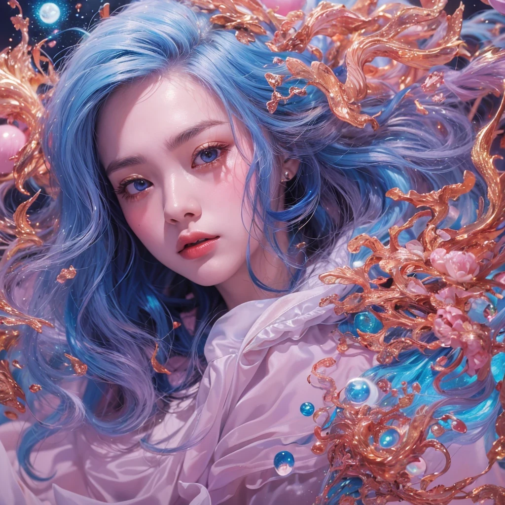 黄 blue colors,enamel,agate,A flesh-colored world,Blood Blue Maiden 32k(masterpiece,HD,Aoyama Pond,Ultra high quality,32k)long flowing bright blue hair,blood pool,Ziddink, a color,Grumpy (After greeting), (Linen scarf), fighting stance, looking at the ground, long white hair, Floating bright blue, Fire cloud gold headdress, Chinese long-sleeved gold silk burgundy garment, (Abstract metaverse splash:1.2), White background,Peony flower vitality protector(realistically:1.4),bright purple hair,Smoke on the road,The background is very pure, high resolution, detail, RAW photos, Sharp Re, Nikon D850 film photo by Jefferies Lee 4 Kodak Portra 400 camera F1.6 guns, colorful, Ultra-realistic and vivid textures, dramatic lighting, Unreal Engine Art Station Trend, Sinest 800,一个有着long flowing bright blue hair的女孩,huge colorful bubbles
