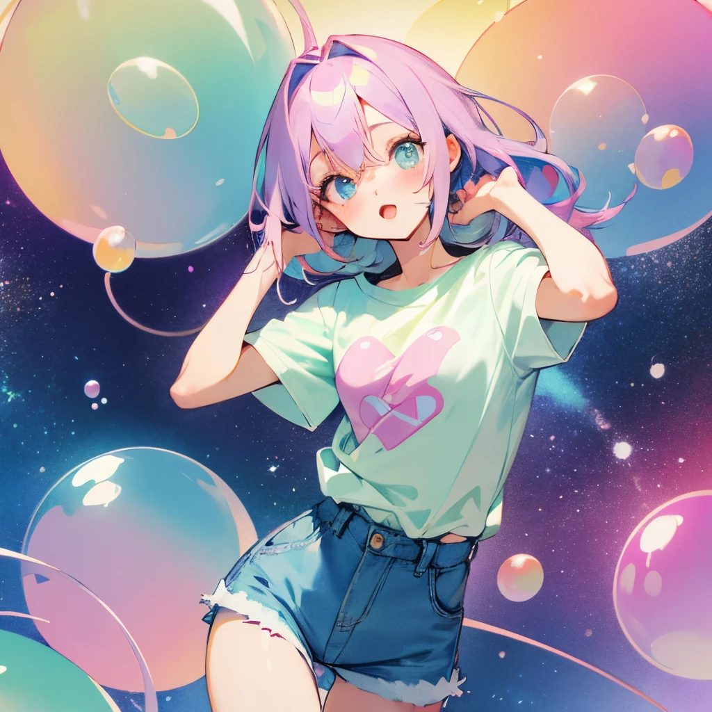 pastel colour美女、pastel colourのTシャツ、denim shorts、pastel colourのスニーカー、pastel colour、pastel colour緑髪、sticking out tongue、provocative pose with eyes wide open、combing one's hair、colorful space、Soap bubble、