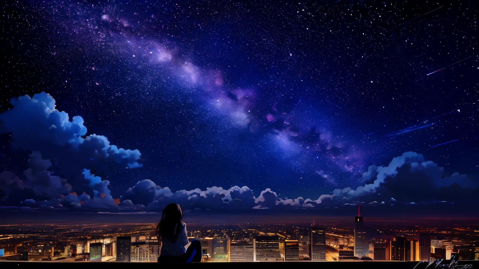 octane, null, star (null), scenery, starry null, night, 1 girl, night null, alone, outdoors, building, cloud, milky way, sitting, wood, long hair, city, silhouette, cityscape