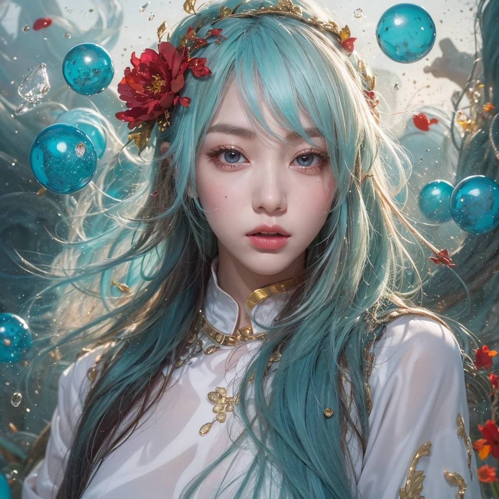 黄 blue colors，enamel，agate，A flesh-colored world，Blood Blue Maiden 32k（masterpiece，HD，Aoyama Pond，Ultra high quality，32k）long flowing bright blue hair，blood pool，Ziddink， a color，Grumpy （After greeting）， （Linen scarf）， fighting stance， looking at the ground， long white hair， Floating bright blue， Fire cloud gold headdress， Chinese long-sleeved gold silk burgundy garment， （Abstract metaverse splash：1.2）， White background，Peony flower vitality protector（realistically：1.4），bright purple hair，Smoke on the road，The background is very pure， high resolution， detail， RAW photos， Sharp Re， Nikon D850 film photo by Jefferies Lee 4 Kodak Portra 400 camera F1.6 guns, colorful, Ultra-realistic and vivid textures, dramatic lighting, Unreal Engine Art Station Trend, Sinest 800，一个有着long flowing bright blue hair的女孩，huge colorful bubbles