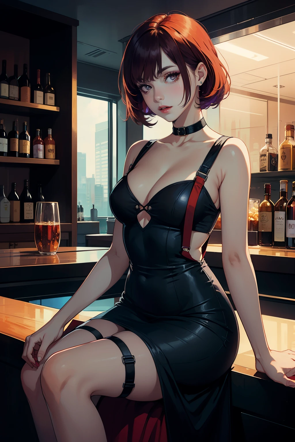 best qyality, perky tits, 8k, stocking suspenders, (woman 1), medium breasts, jazz bar, (red dress:1.2) (black dress:1.4), bob hairstyle, choker around the neck, starry eyes, noir style, professional, (ginger hair:1.3) (purple hair:1.1) full height, girl sitting at the club counter, dim light indoors