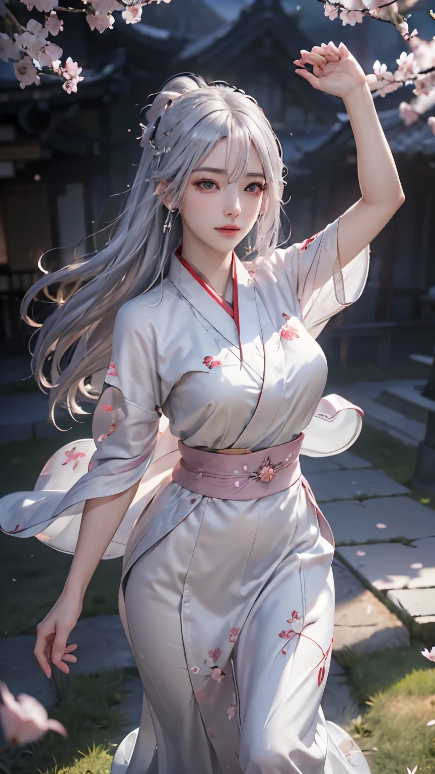 (logo、masterpiece、8k、table top、RAW photo、wonderful、最high quality、Photorealistic and hvery detailed CG integrated 8k wallpaper、high quality、very detailed、narrative poem、particle effects、dynamic effects、Depth of the bounds written、cinematic light、Lens flare、ray tracing)、fantasy、 (1 beautiful woman、white kimono、Japan Dresses、White cherry blossom embroidery pattern、silver haired、beautiful face、real face、beautiful detail eyes、beautiful skin、woman dancing gracefully:1.4、woman dancing gracefully:1.4)、Hair flutters in Wind、hair bounces、髪がWindで踊る、hair jump、night、Wind、Spectacular view、美しい自然のWind景、絶望的なWind景、ダークfantasy、tundra、dark sky、Cold atmosphere、pink cherry tree、petals dance、SakuraFubuki、Falling petals、Spectacular view、Wind、god々、tooth、god話、vast land