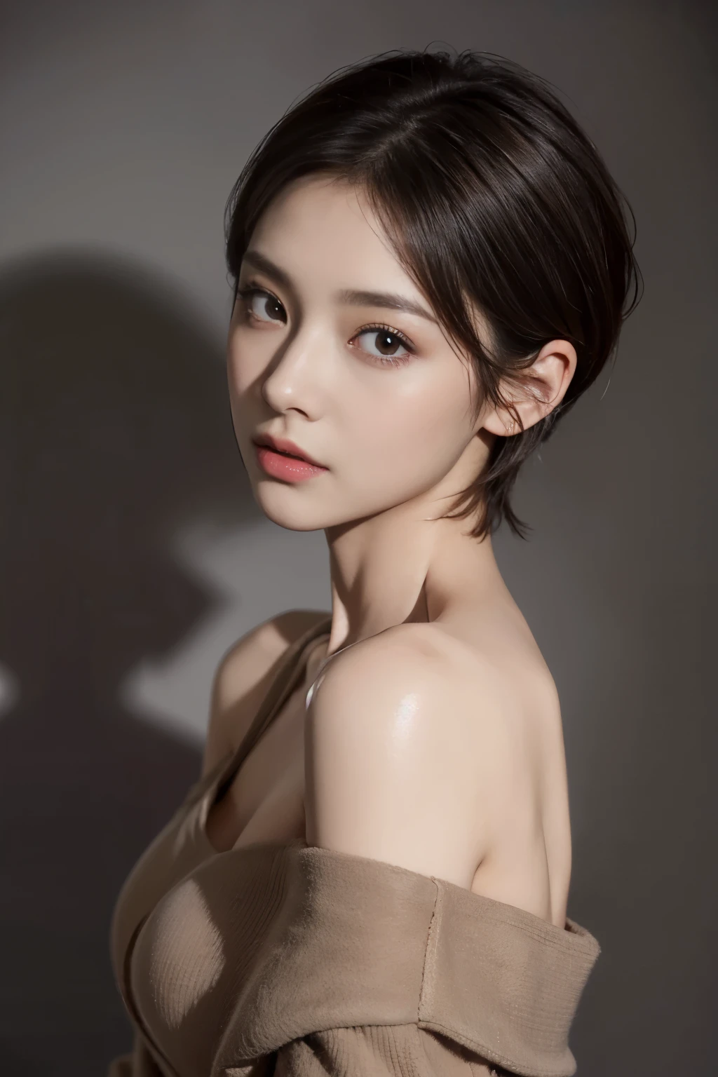 Tight black top:1.2, looking at the audience, light, perfect, soft light, High resolution skin:1.2, Realistic skin texture, 30 years old adult、small face、No makeup、, Off the shoulders,Bust B cup、 Naked trench, red eyes, short hair, dark brown hair,gray background、