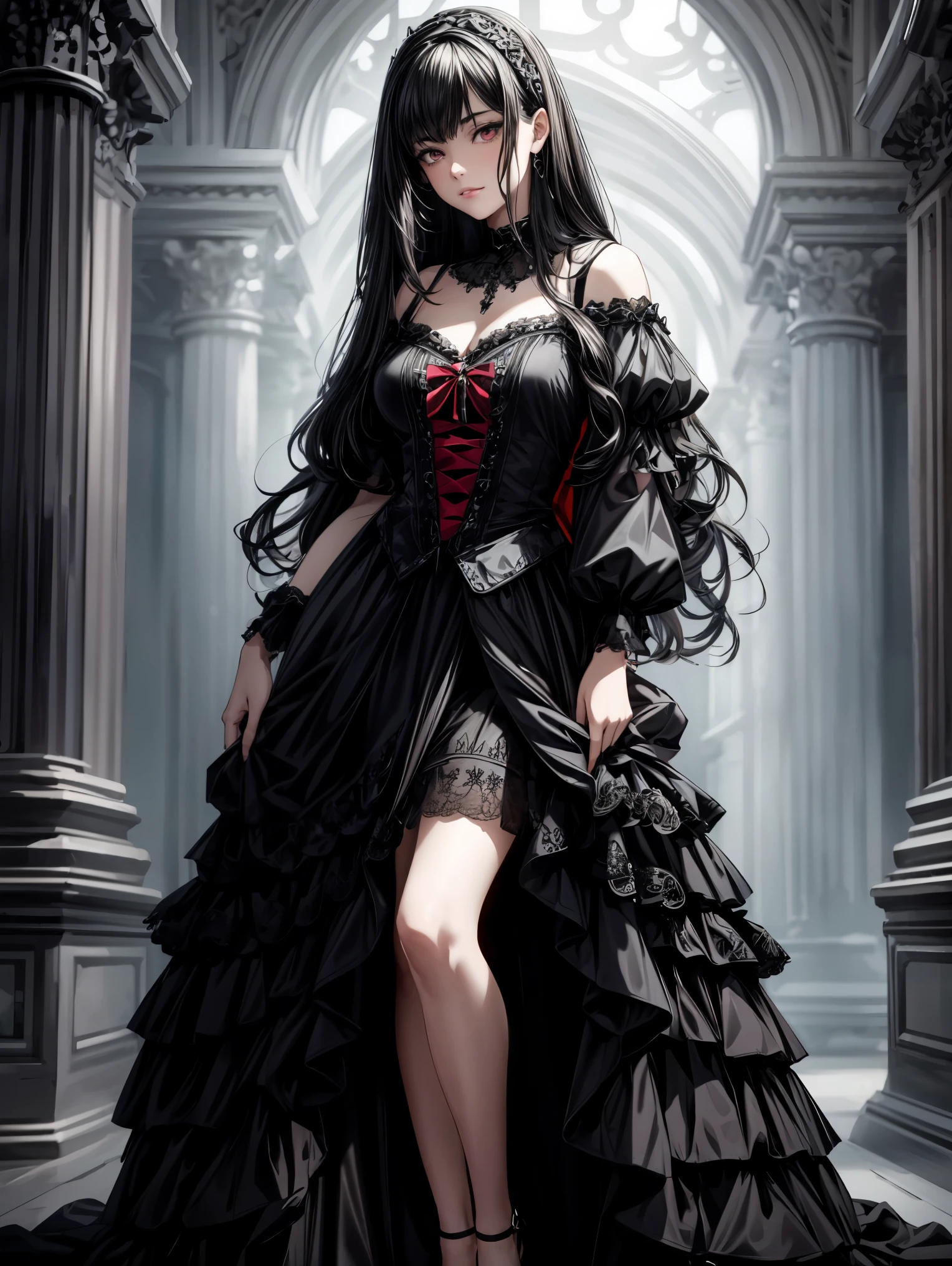(best quality,4k,8k,highres,masterpiece:1.2),ultra-detailed,(realistic,photorealistic,photo-realistic:1.37),gothic girl,long black hair,red eyes,detailed face and eyes,-yeld gi1.60 meters tall,black dress,gothic atmosphere,dark background,dramatic lighting,vivid colors,portraits,sharp focus,((full body))