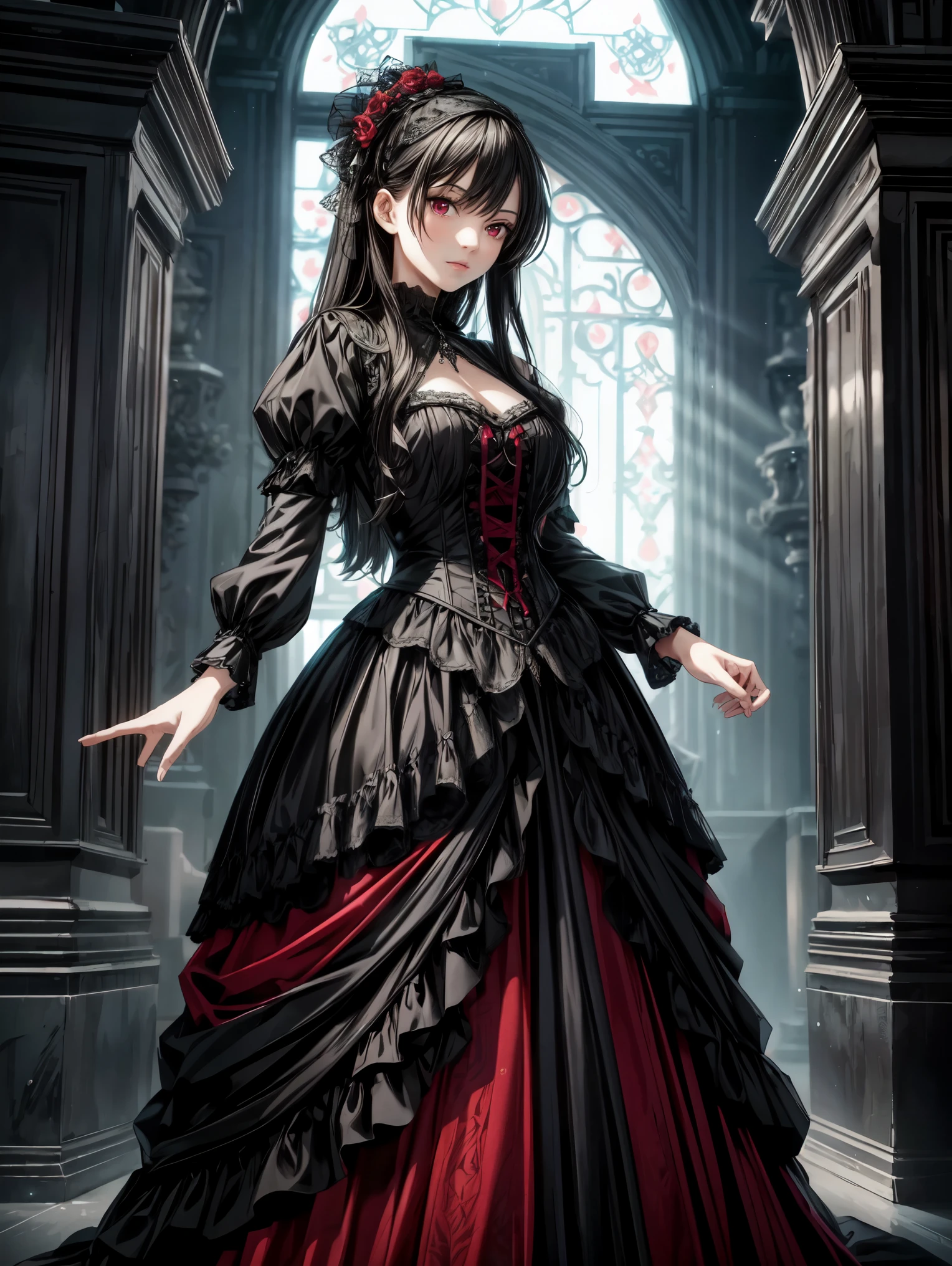 (best quality,4k,8k,highres,masterpiece:1.2),ultra-detailed,(realistic,photorealistic,photo-realistic:1.37),gothic girl,long black hair,red eyes,detailed face and eyes,16-year-old girl,1.60 meters tall,black dress,gothic atmosphere,dark background,dramatic lighting,vivid colors,portraits,sharp focus,((full body))
