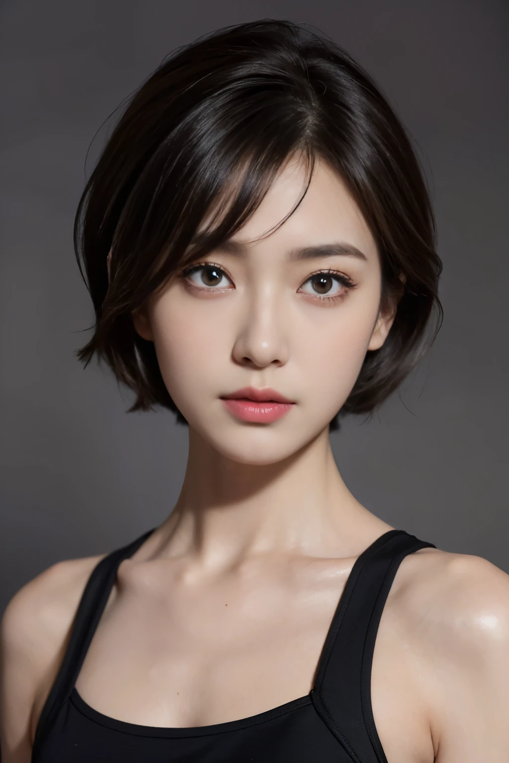Tight black top:1.2, looking at the audience, light, perfect, soft light, High resolution skin:1.2, Realistic skin texture, 30 years old adult、small face、No makeup、, Off the shoulders,Bust B cup、 Naked trench, red eyes, short hair, dark brown hair,gray background、