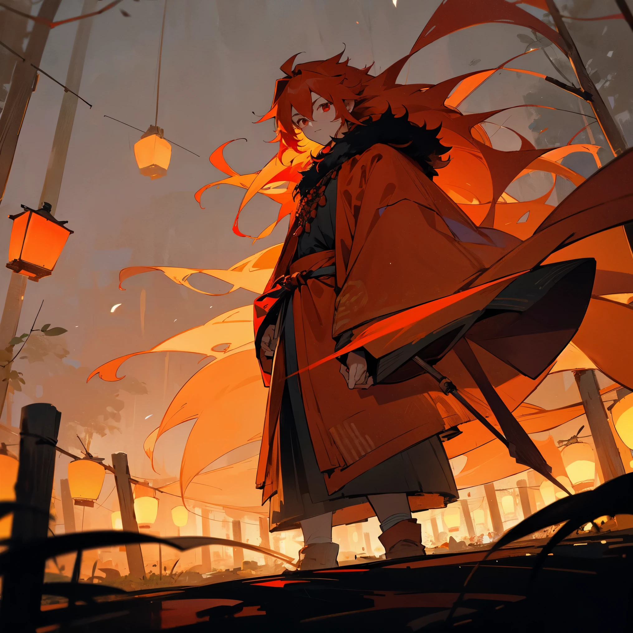 1male, adult, finely detailed red eyes, long messy orange hair, red fur poncho, peasant clothing, night time, standing on path, forest, night, lanterns, fishing village