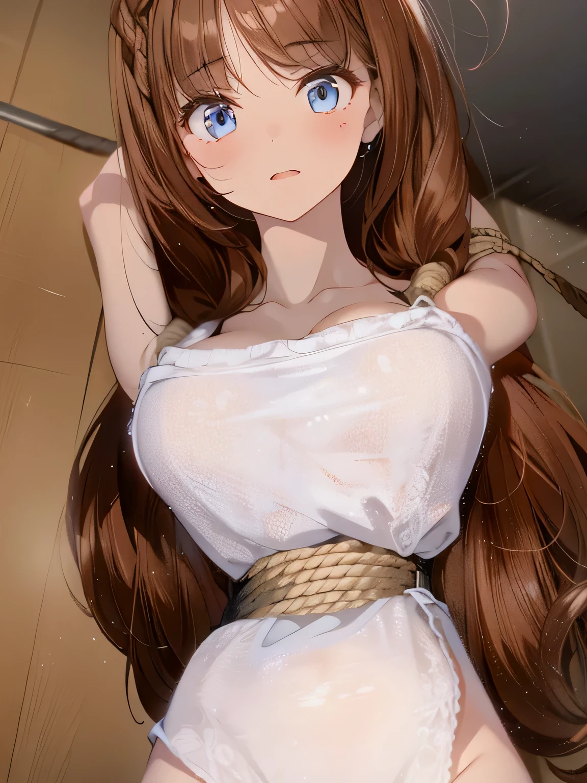 ((masterpiece)), ((highest quality)), (super detailed), torture chamber,(((Waist bound tightly with rope))),pretty girl, 1 girl, alone, ,beautiful hair, (beautiful eyes), long hair, expression of agony