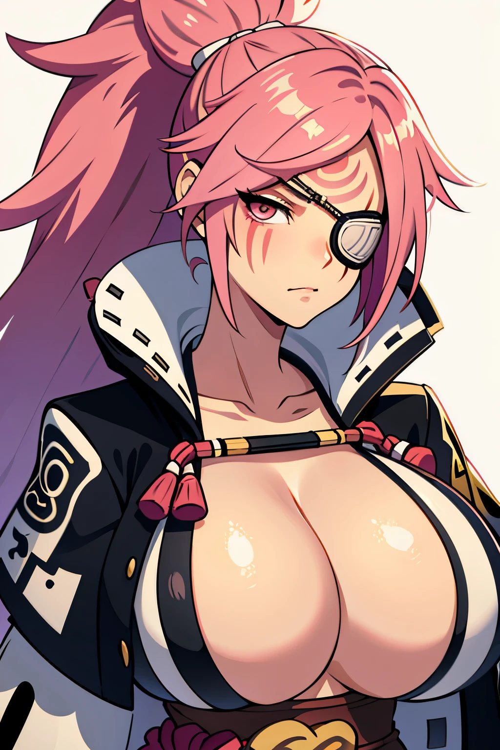(Obra maestra:1.3),(muy detallado:1.3),(high resolution:1.1),Mejor calidad,ultra-detalle,1 chica,katana,solo,jelobaiken,pechos enormes,Amputado,parche en el ojo,tuerto,chaqueta negra,kimono negro,ropa abierta,ropa japonesa,faja,eye patch, patch, pechos, breasts, huge breats, pink hair, pelo rosa,