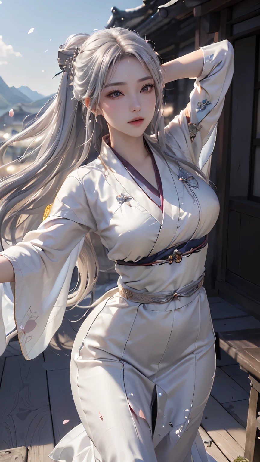 (logo、masterpiece、8k、table top、RAW photo、wonderful、最high quality、Photorealistic and hvery detailed CG integrated 8k wallpaper、high quality、very detailed、narrative poem、particle effects、dynamic effects、Depth of the bounds written、cinematic light、Lens flare、ray tracing)、fantasy、 (1 beautiful woman、white kimono、Japan Dresses、silver haired、beautiful face、real face、beautiful detail eyes、beautiful skin、woman dancing gracefully:1.6、woman dancing gracefully:1.6)、Hair flutters in Wind、hair bounces、髪がWindで踊る、hair jump、night、Wind、Spectacular view、美しい自然のWind景、絶望的なWind景、ダークfantasy、tundra、dark sky、Cold atmosphere、pink cherry tree、petals dance、SakuraFubuki、Falling petals、Spectacular view、Wind、god々、tooth、god話、vast land