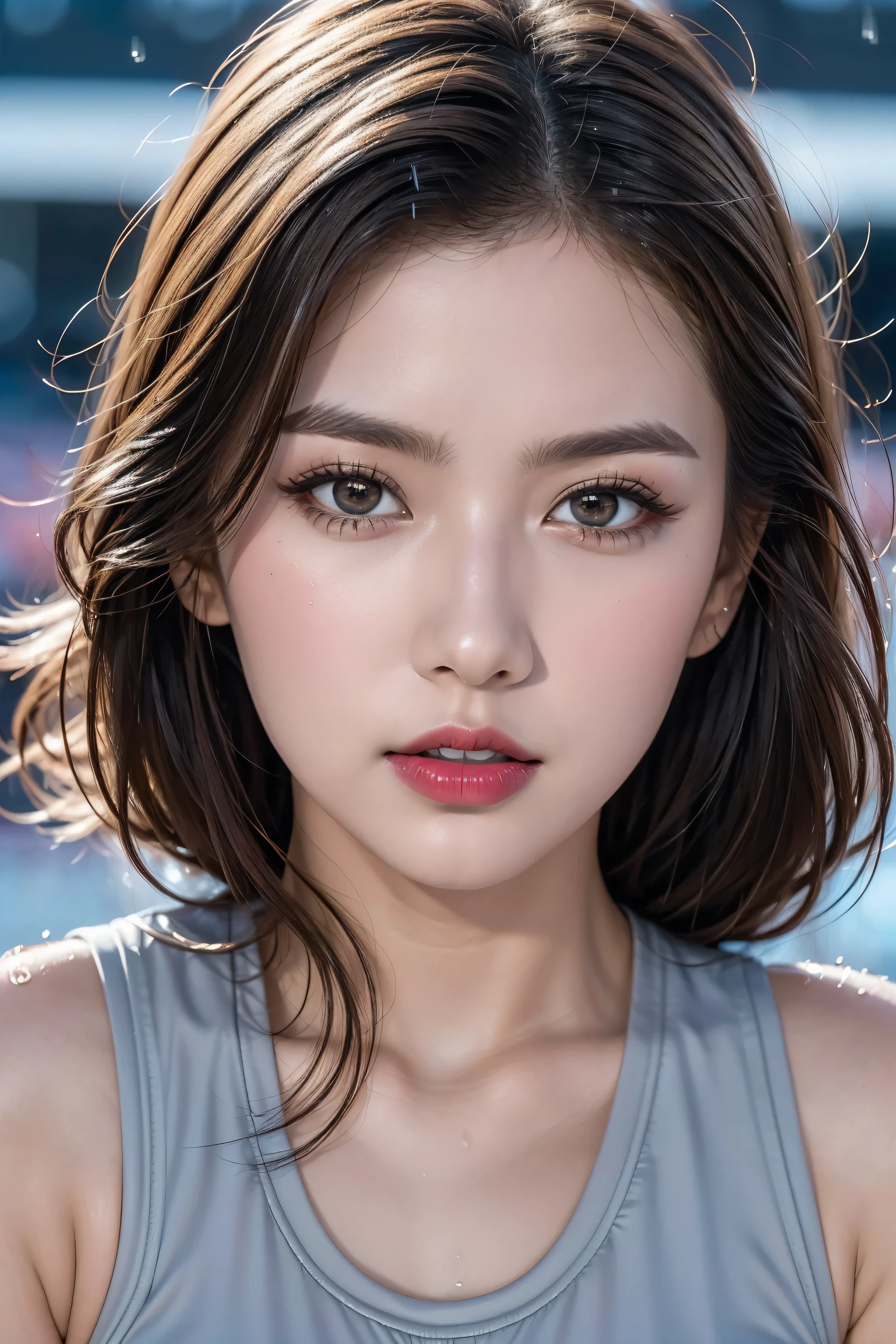 ((close up of face)))、(ultra-detailed)、Ultra-realistic movie master pie with ultra-detailed primetime portraits, 最high quality, 8K, table top, Ultra HD, (perfect anatomy:1.2), close up of face, Sad face, anxious face, shot above the knee, look down, natural hands, Super detailed, 1 girl, cute , Japanese, symmetrical black eyes, , close your mouth, slim waist, 最high quality, high quality, High resolution、real:1.7、photorealistic:1.7、very delicate and beautiful、((masterpiece:1.3)), ((absurdres))、((sharp fous))、(beautiful face:1.45)、(detailed face:1.4)、(detailed eyes:1.35)、(detailed lips:1.2)、(Detailed nose:1.2)、((rainy evening:1.6)), (vast arena, vast track, vast athletics stadium:1.5), bangs fall, (curly hair:1.5), flat chest, Enhancement of bust top, octane rendering,(((gray sleeveless uniform for athletics))), bib number, gray wave sports bra, small bra, small sports bloomers, ((gray wave racing bloomers:1.2)), Super detailed, beautiful and detailed eyes, shining brown hair, epic and emotional movie lighting, (dark_eyeshadows:1.2)、 (red_lipstick:1.2)、((perfect round eyes))、 (brown_eyes:1.3)、 pink_makeup:1.2