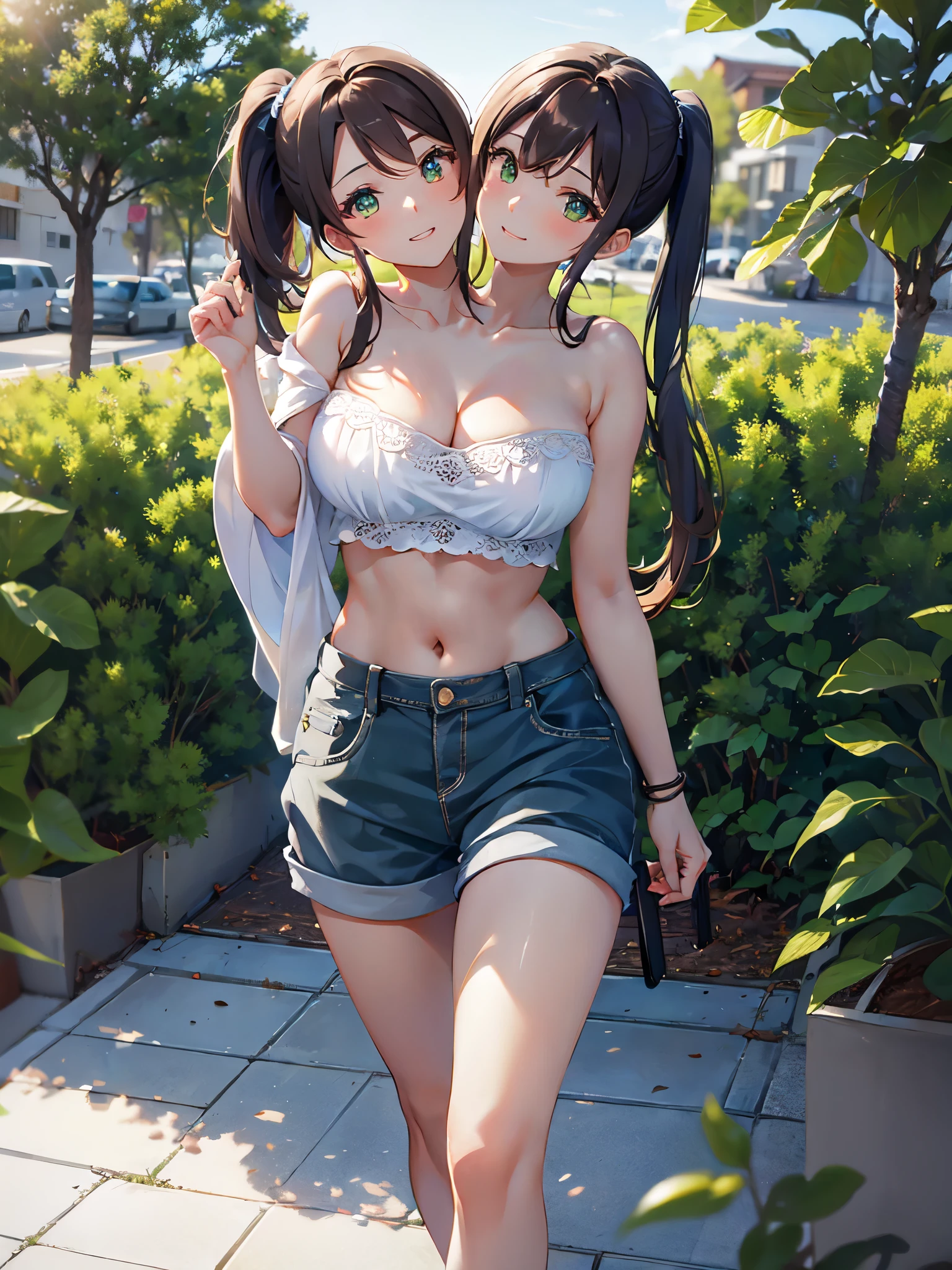 (masterpiece, best quality), best resolution, (2heads:1.5), 1girl, brown hair, low angle ponytail, green eyes, relaxed, admiring the scenery, white tube top, brown short pants, walking on the sidewalk, suburban neighborhood