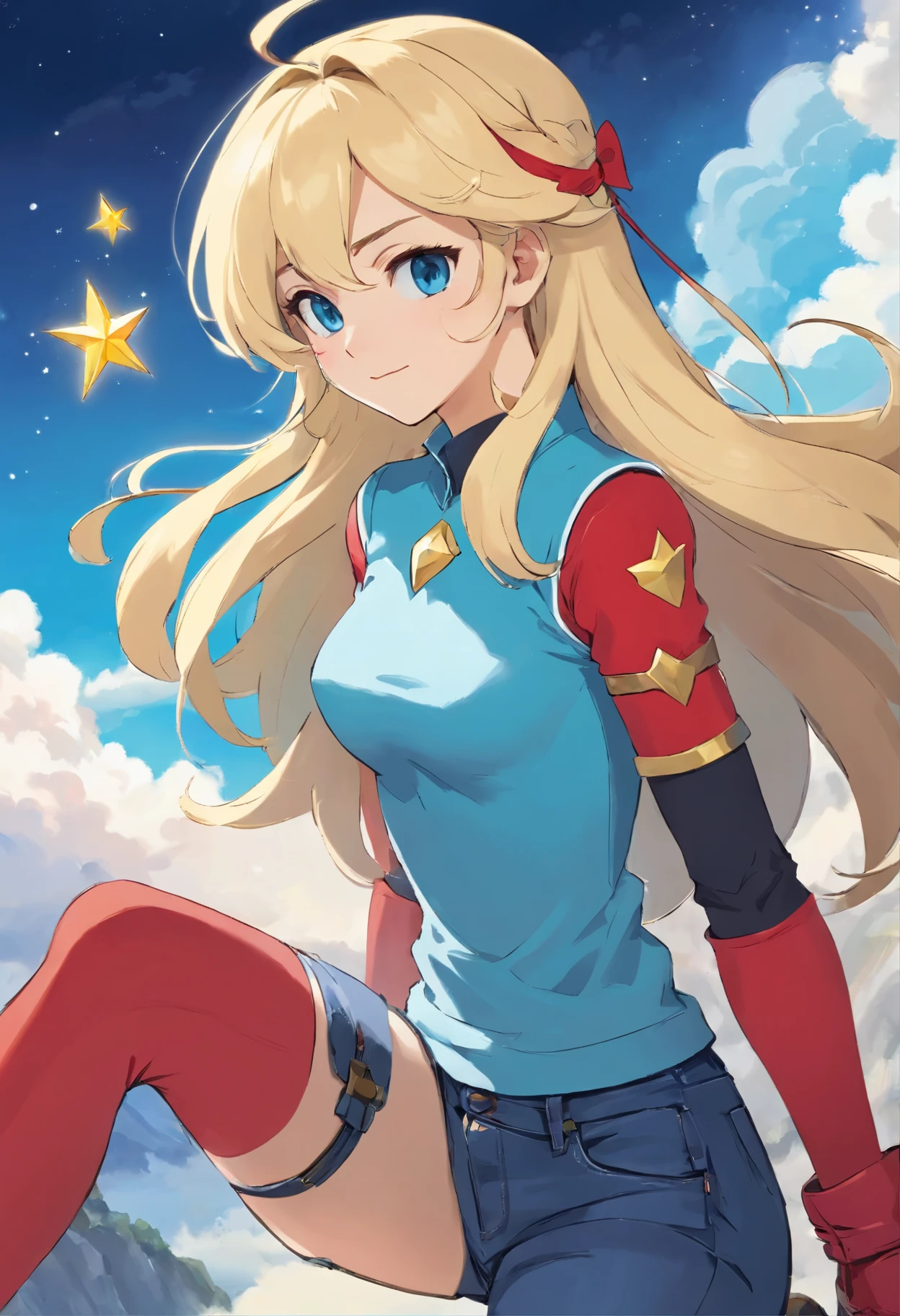 Rosalina, red top, jeans, boots, fingerless gloves, gorgeous face, better makeup, better hands, Rosalina is Blue Mary look a like
