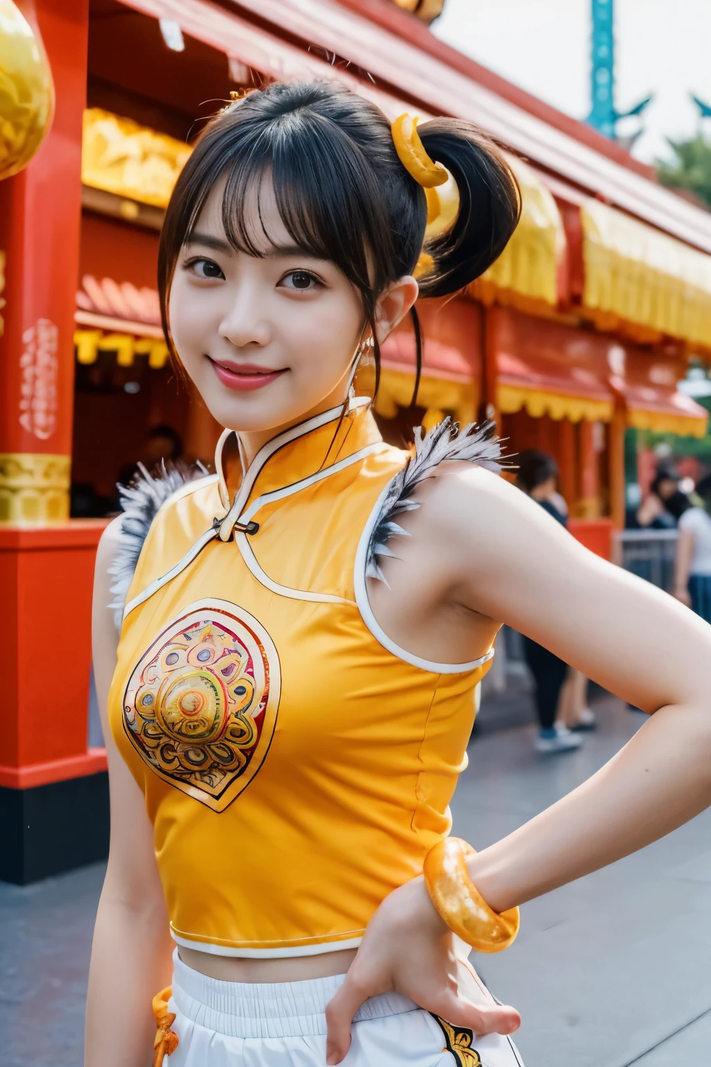 (masterpiece, highest quality:1.2), alone, 1 girl, Upper body,Lin Xiaoyu, slight smile, twin tails, Chinese service, Orange Cheongsam, white shorts, No sleeve, jewelry, bracelet,amusement park