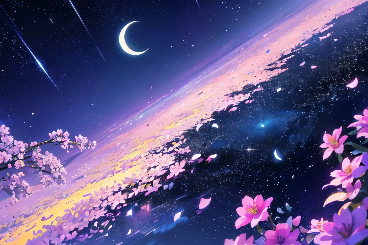 tmasterpiece,top Quority,offical wallpaper,winning artwork,Top-down view,1 Tape,Aftershadow,In a sea of flowers,Stargazing,As estrelas,themoon,meteors,Colorful shooting stars,Hair satisfied, an beautiful,4K