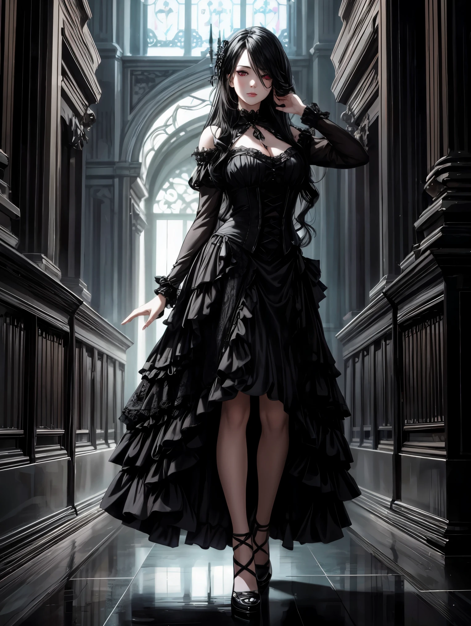 (best quality,4k,8k,highres,masterpiece:1.2),ultra-detailed,(realistic,photorealistic,photo-realistic:1.37),gothic girl,long black hair,red eyes,detailed face and eyes,-yeld gi1.60 meters tall,black dress,gothic atmosphere,dark background,dramatic lighting,vivid colors,portraits,sharp focus,((full body))