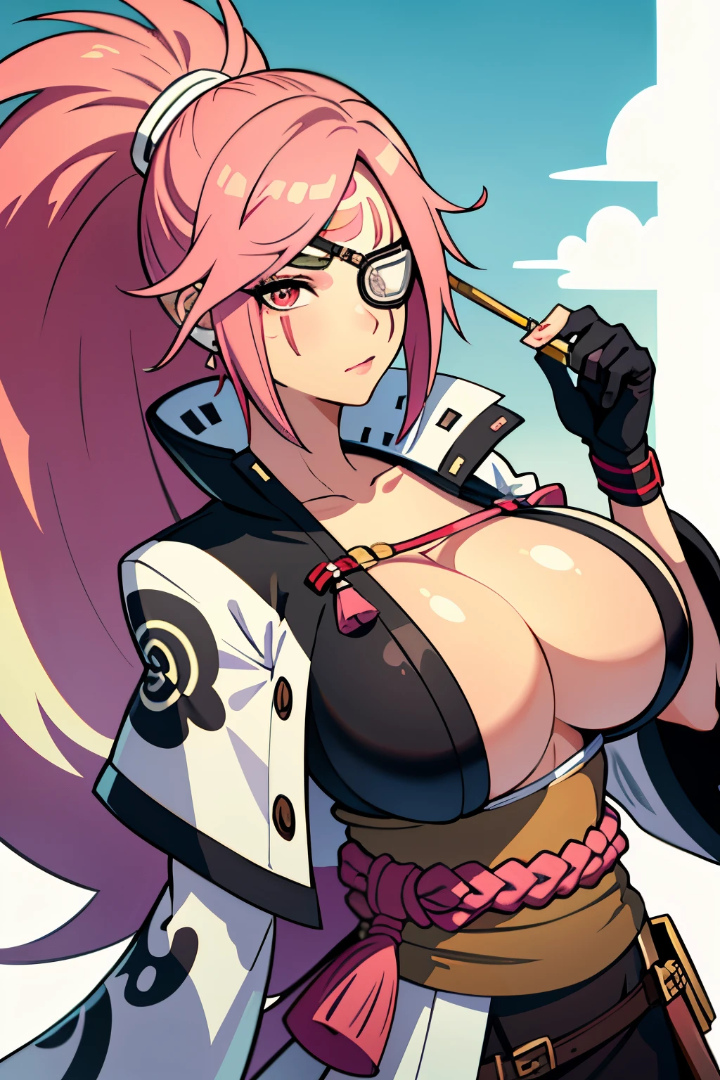 (Obra maestra:1.3),(muy detallado:1.3),(high resolution:1.1),Mejor calidad,ultra-detalle,1 chica,katana,solo,jelobaiken,pechos enormes,Amputado,parche en el ojo,tuerto,chaqueta negra,kimono negro,ropa abierta,ropa japonesa,faja,eye patch, patch, pechos, breasts, huge breats, pink hair, pelo rosa,