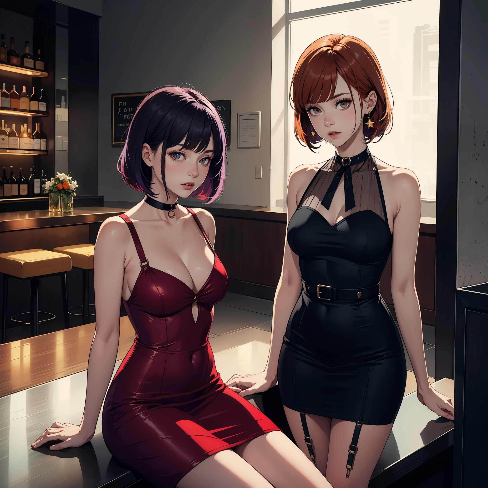 best qyality, perky tits, 8k, stocking suspenders, (woman 1), medium breasts, jazz bar, (red dress:1.2) (black dress:1.4), bob hairstyle, choker around the neck, starry eyes, noir style, professional, (ginger hair:1.3) (purple hair:1.1) full height, girl sitting at the club counter, dim light indoors