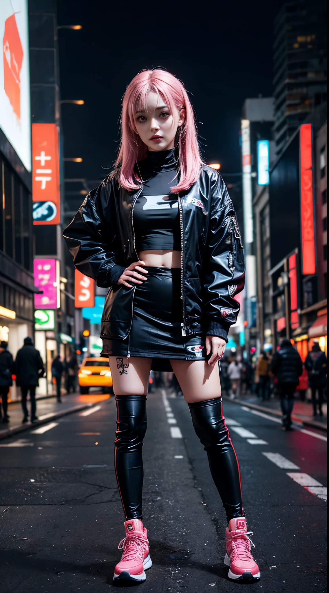 Anime girl posing on city street，long pink hair，vein punk style，cyberpunk streetwear，Female Cyberpunk Anime Girl，cyberpunk anime girl，Wear cyberpunk streetwear，Cyberpunk fashion clothing，Cyberpunk Fashion Clothinodel girl with cyborg style，cyberpunk style，cyberpunk style clothing，cyberpunk style colors，cyberpunkoutfit