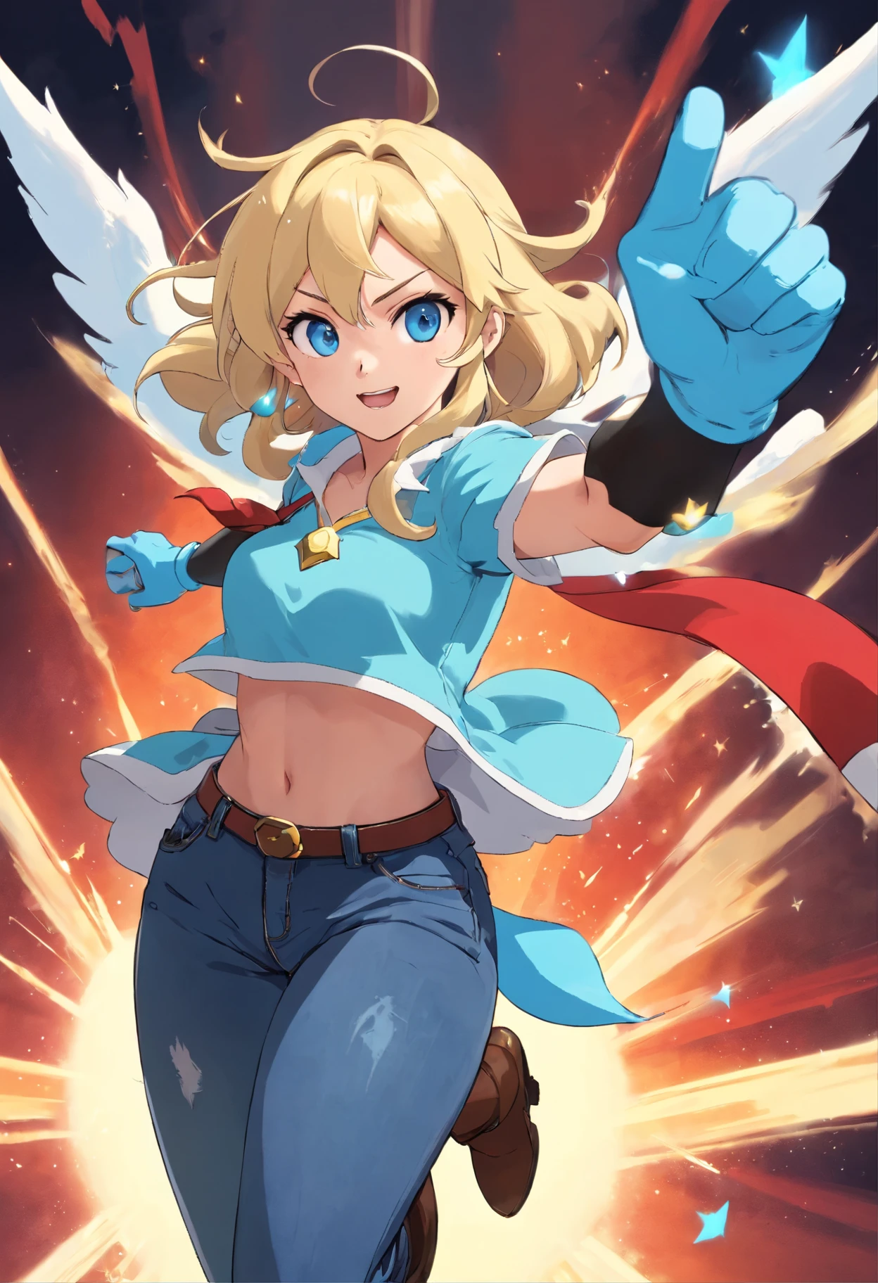 Rosalina, red top, jeans, boots, fingerless gloves, gorgeous face, better makeup, better hands, Rosalina is Blue Mary look a like, fighting pose, gorgeous, thick