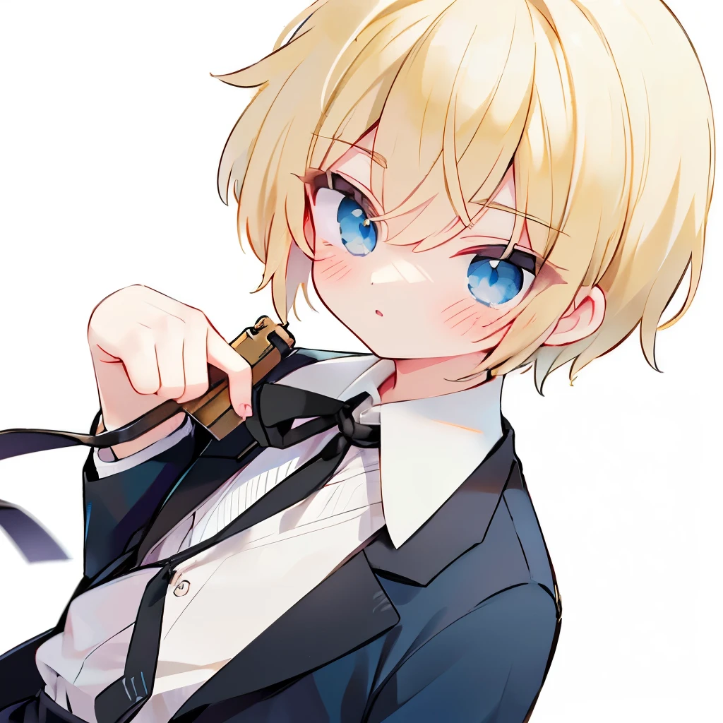 
anime style、

[Elid]:he has blond hair and blue eyes, has birthmarks all over him body, and wears a black ribbon around him neck.、An innocent male assassin holding a gun

