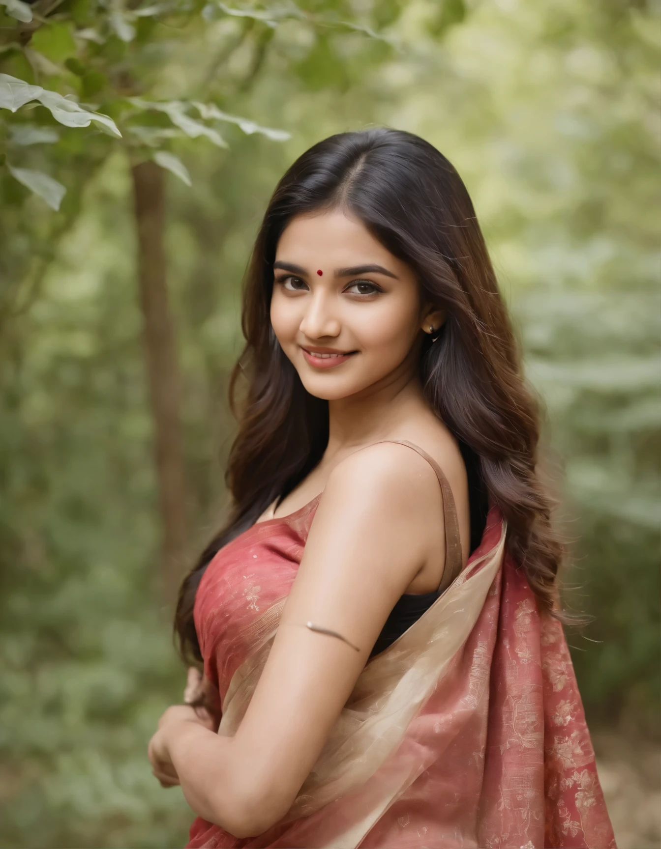 A 20 year old indian girl model inspired by korean face, cute smile, photoshoot, forest background, wearing saree